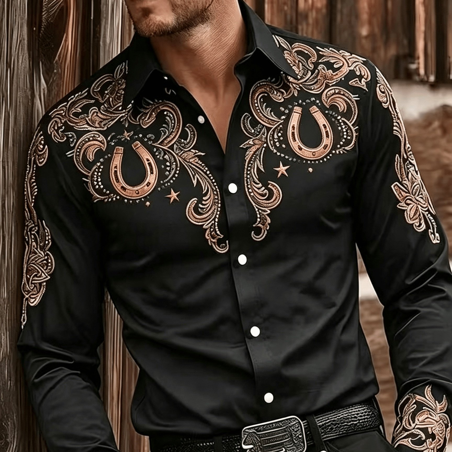 TEMU Men's Long Sleeve Shirt, Horseshoe Retro Scroll Print, Lapel Open Cardigan Button-up Top, Men's Western Style Shirt, Suitable For Outdoor Ranch,