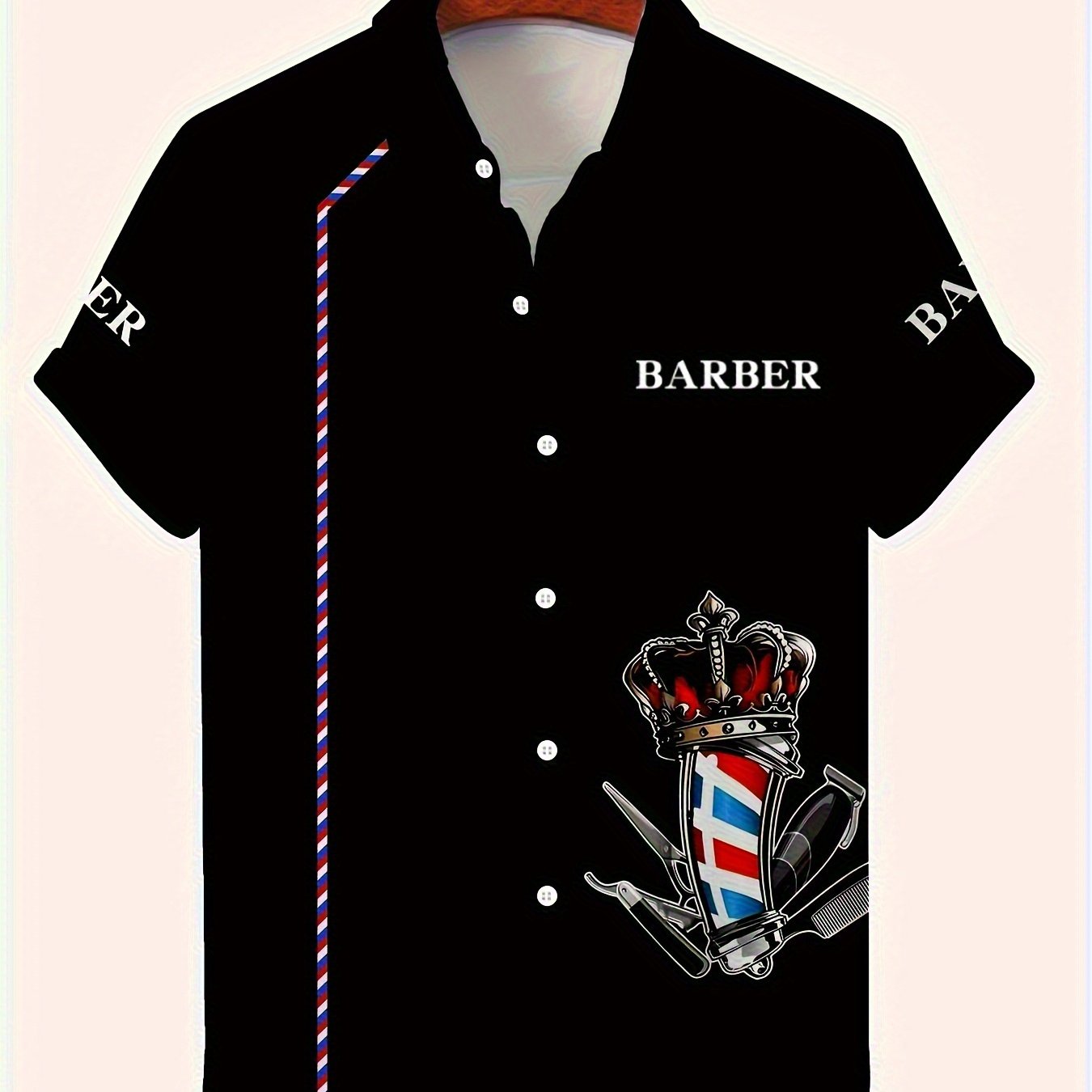 TEMU [print Design - Not Texture] Men's Barber Shirt - Black With Red And Barber Pole Design - Button-up Collar - Casual And Semi-formal Wear -