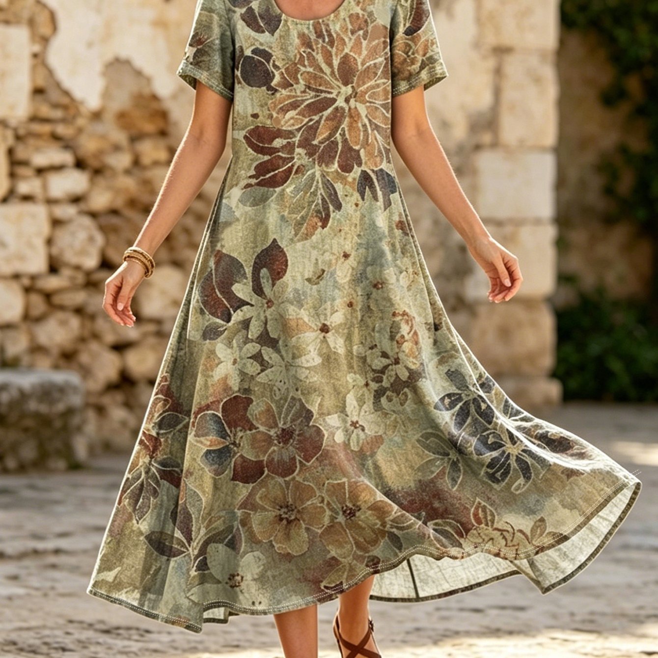 Image of Plus Size - Plus-size Women's Bohemian Vintage Floral Print Maxi Dress - Summer Round Neck, Short Sleeve A-line Dress With Grey-green And Brown- - Loose Fit Casual Dress For Everyday Wear And Vacation