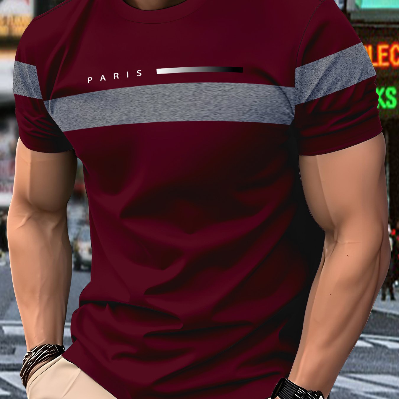 TEMU This Men's T-shirt Features -block Stripes As Its Core Design, With A Burgundy Base With Gray Stripes And 