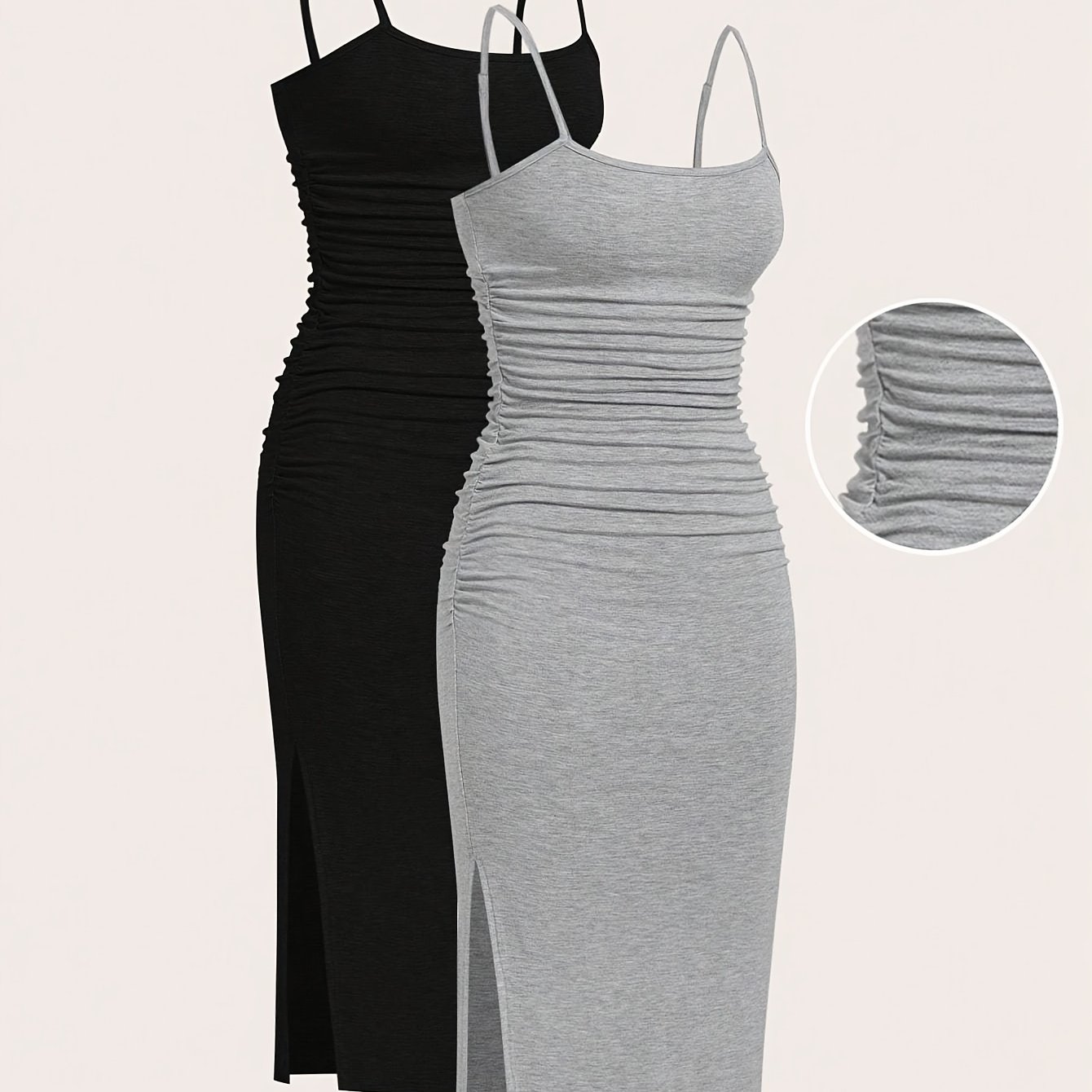 Image of 2pcs Women's Summer Bodycon Cami Dress With Slit Casual Mid-length Dress