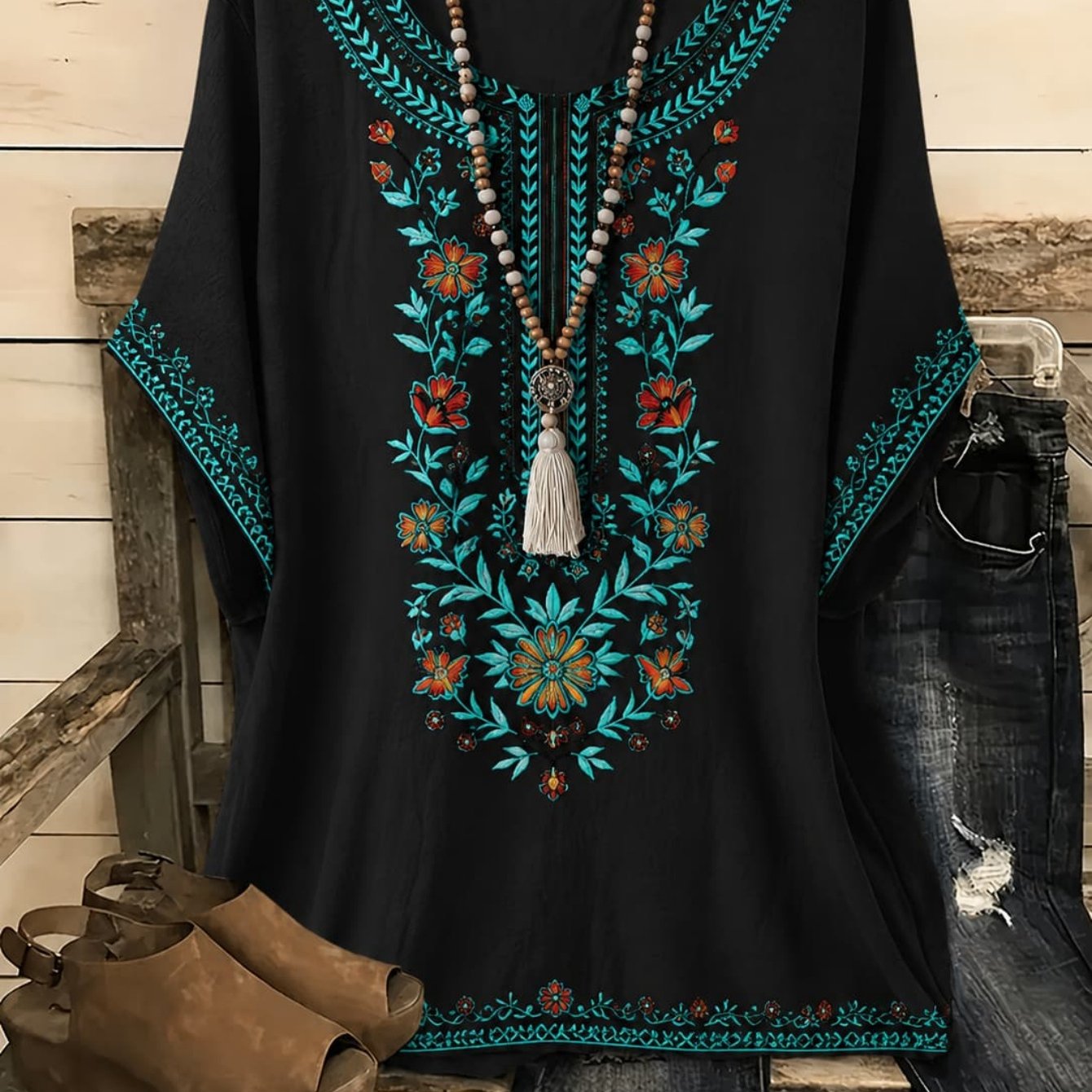 TEMU Plus Size, Women's Plus Size T-shirt - Teal & Orange Floral Full-body Print Short Sleeve Suitable For - Casual Wear, Round Neck Soft Breathable