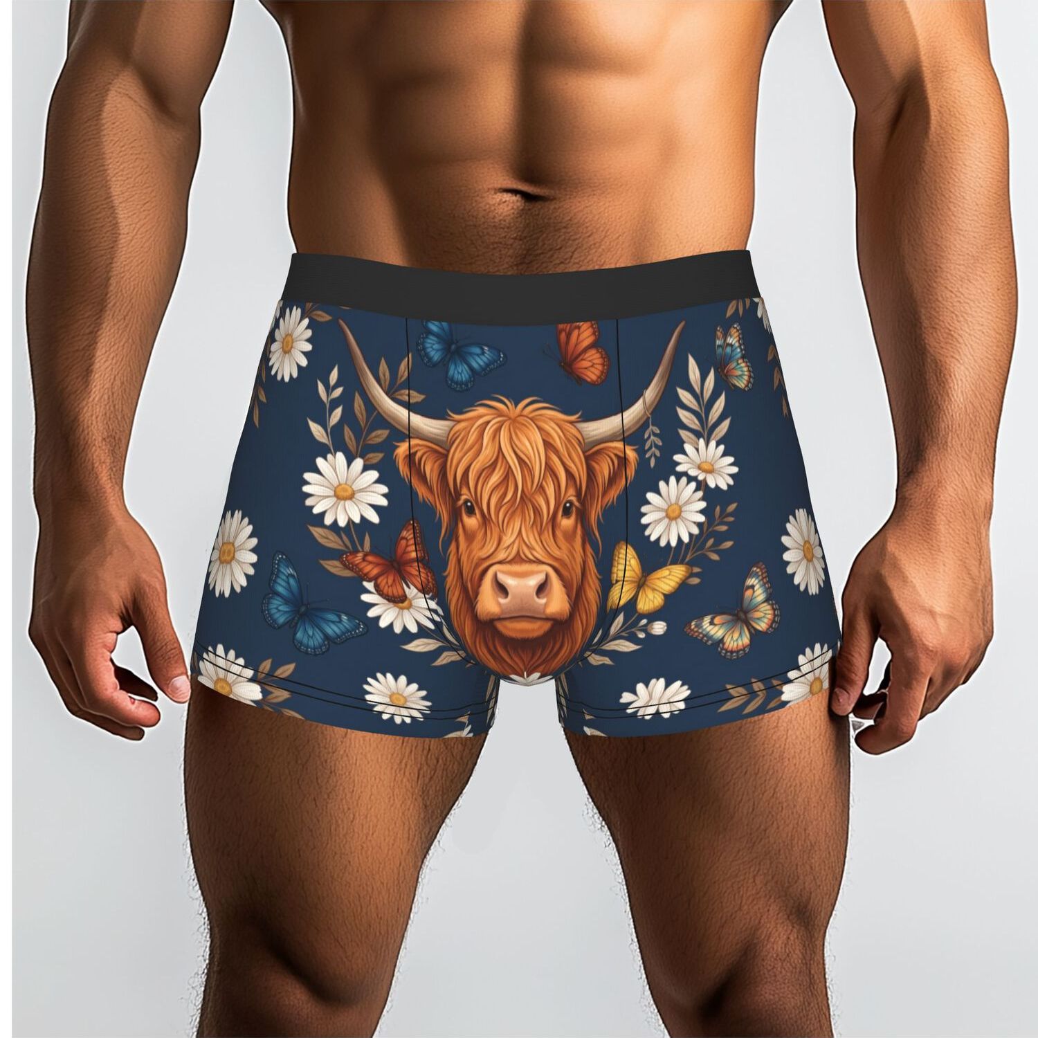 TEMU 1pc Highland Cow Flowers Butterflies Nature Pattern Underpants Men's Panties Male Underwear Shorts Boxer Briefs