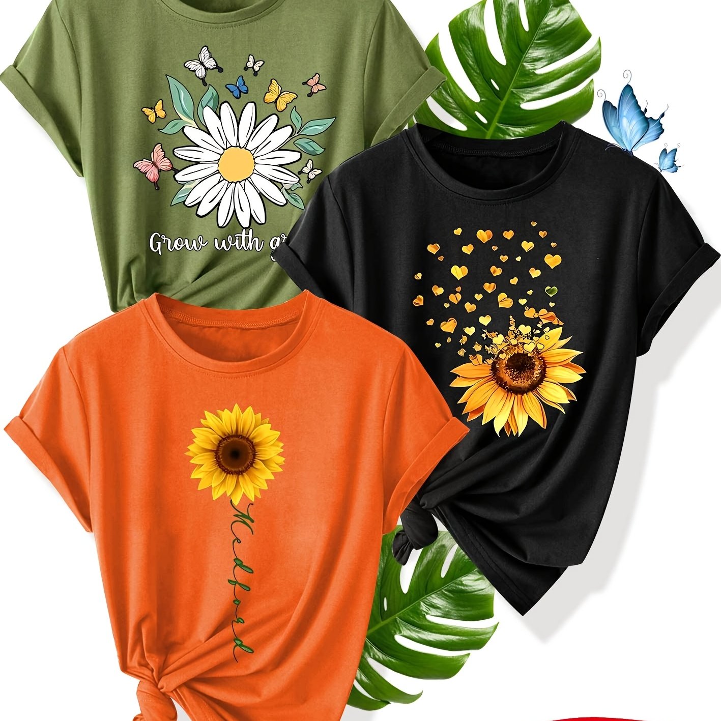 TEMU Multi-flower Three-piece Set: , Pack, Sisters' Pack - Printed Vintage Style Women's Summer Casual Sporty Round Neck Short Sleeve T-shirt In