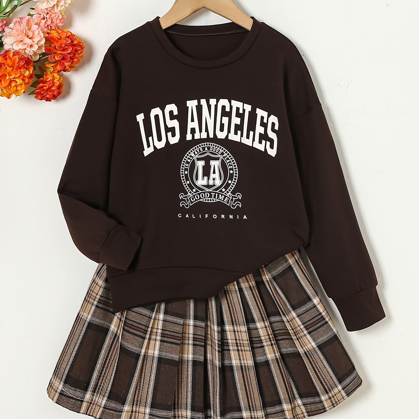 Image of Girls' Autumn Winter Outfit, Girly Casual Girls' Pleated Skirt Letter Print Hooded Long Sleeve Solid Top 2pcs Set, Halloween