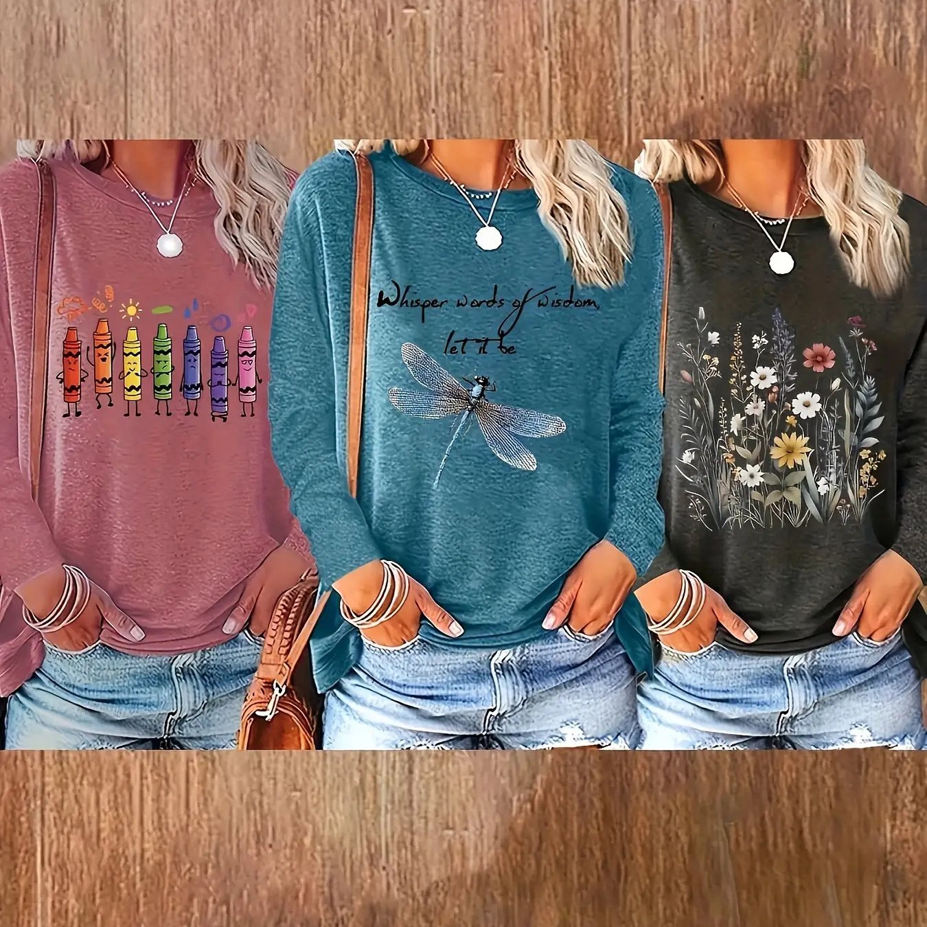 TEMU 3pcs Women's Casual Long Sleeve Round Neck T-shirts- Geometric Print Tops With Inspirational Quotes& Floral Dragonfly Design, Machine Washable