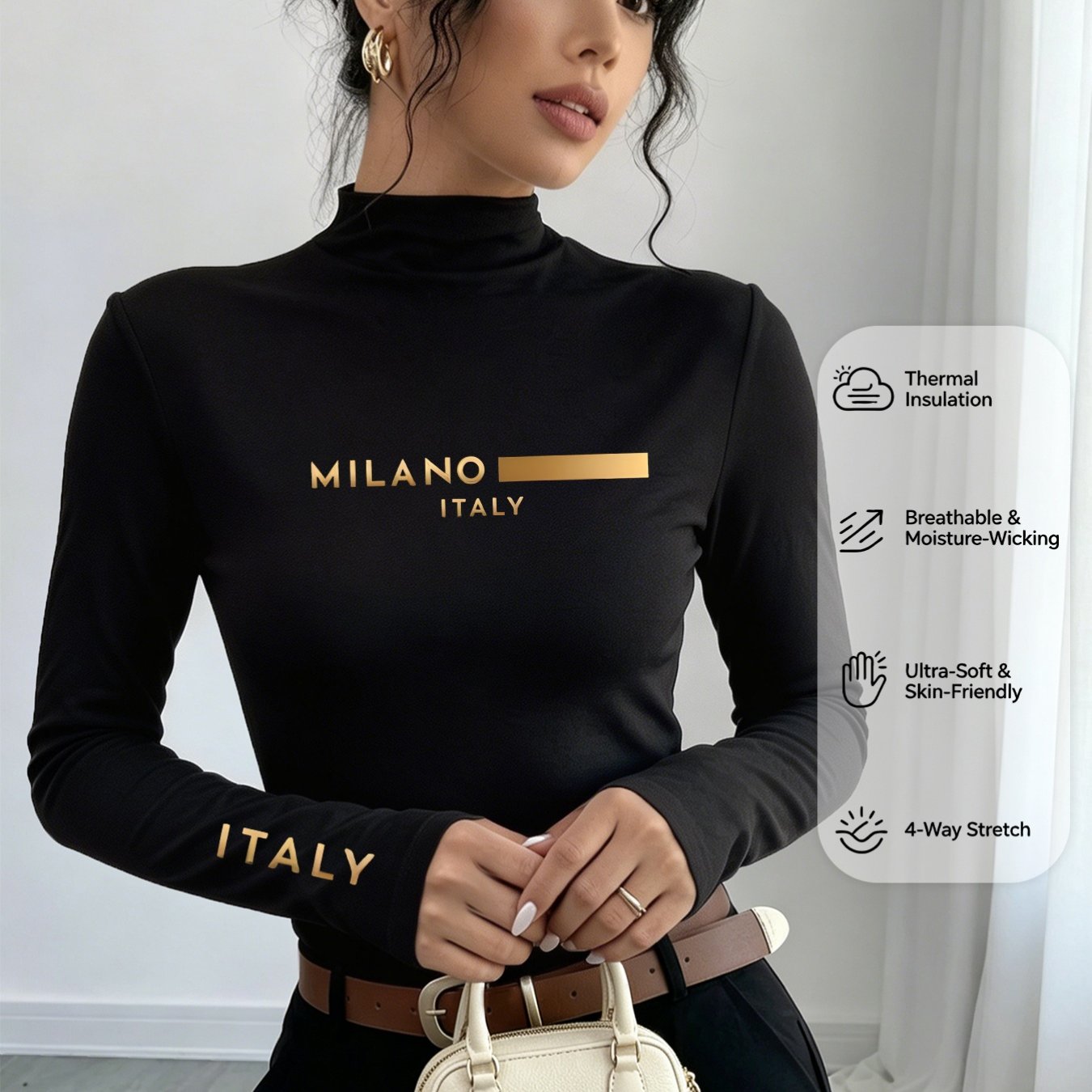 TEMU Solid Golden Letter Long Sleeve Base Layer Top, Half-turtleneck Slim Fit, Urban European And Autumn/winter Layering Top