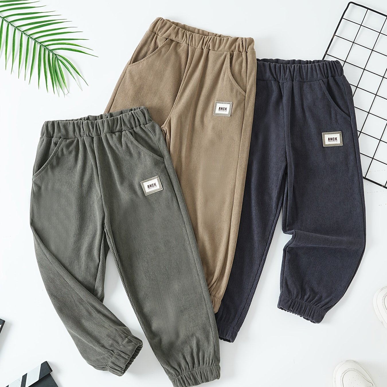 Image of 3pcs New Popular Boys' Trousers - With Pockets, Labels, Knitted Striped Fabric, Casual And Comfortable, Spring/autumn Versatile Trousers, Multi-piece Set, For Outdoor