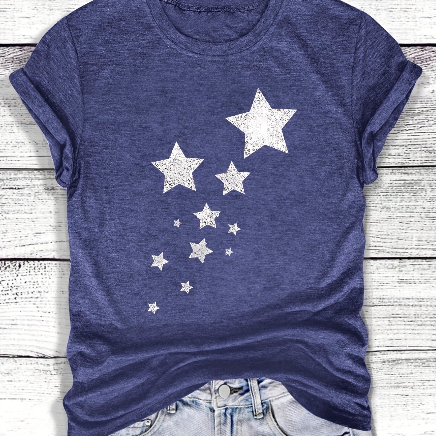 TEMU Women's Casual Short Sleeve T-shirt With Scattered Star Graphic - Relaxed Fit Round Neck, Medium Stretch Fabric, Machine Washable, , Options