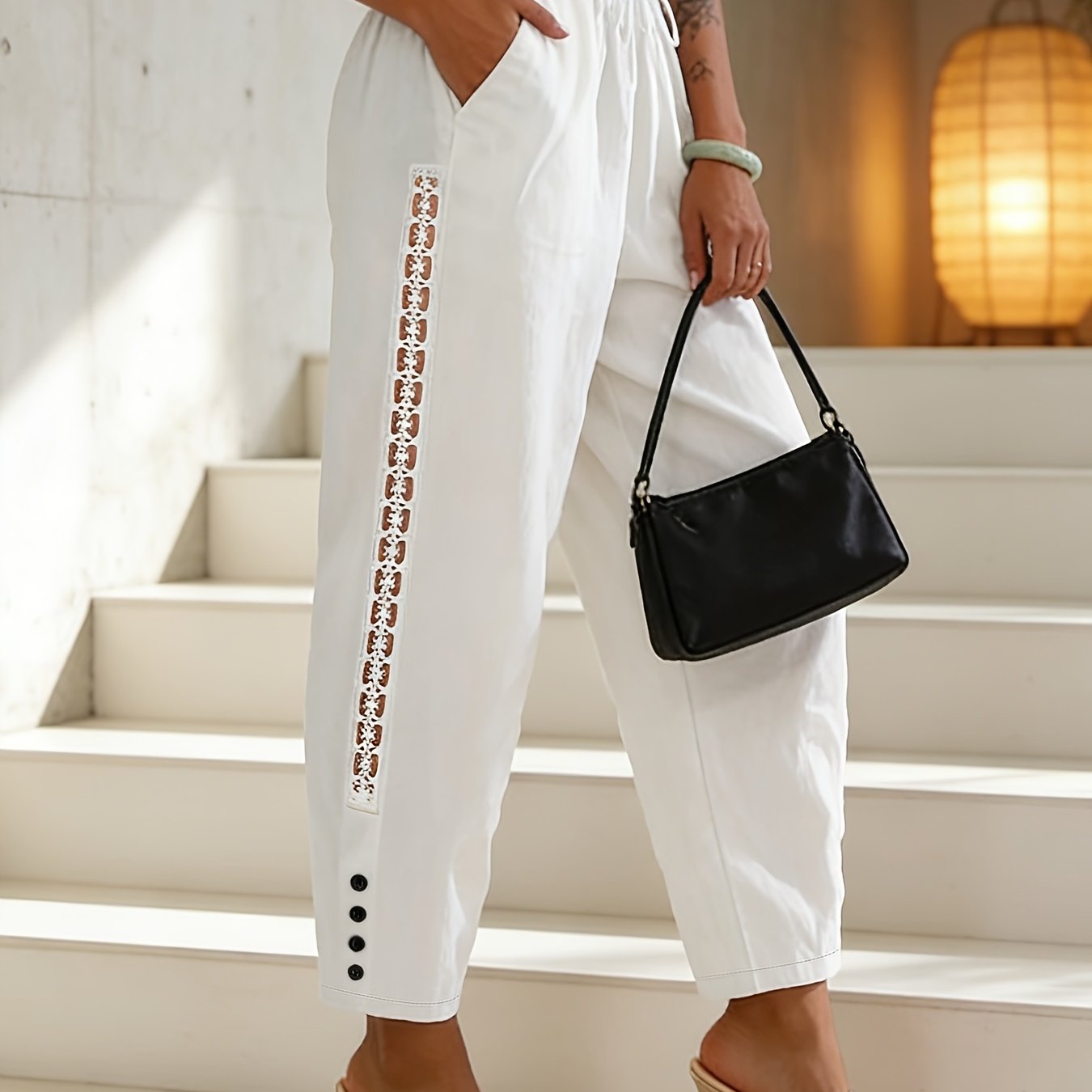 TEMU Solid Color Women's Pants With Drawstring Elastic Waist, Diagonal Pockets, Summer Fashion, Loose Fit, Comfortable Suit Pants With Lace For ,