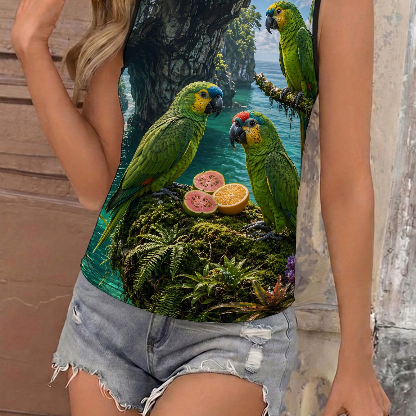 TEMU Parrot Ocean Haven Women' Crew Neck Elegant Tank Top, Suitable For Women Casual, Daily Wear, , Fashionable For Summer Beach, Vacation