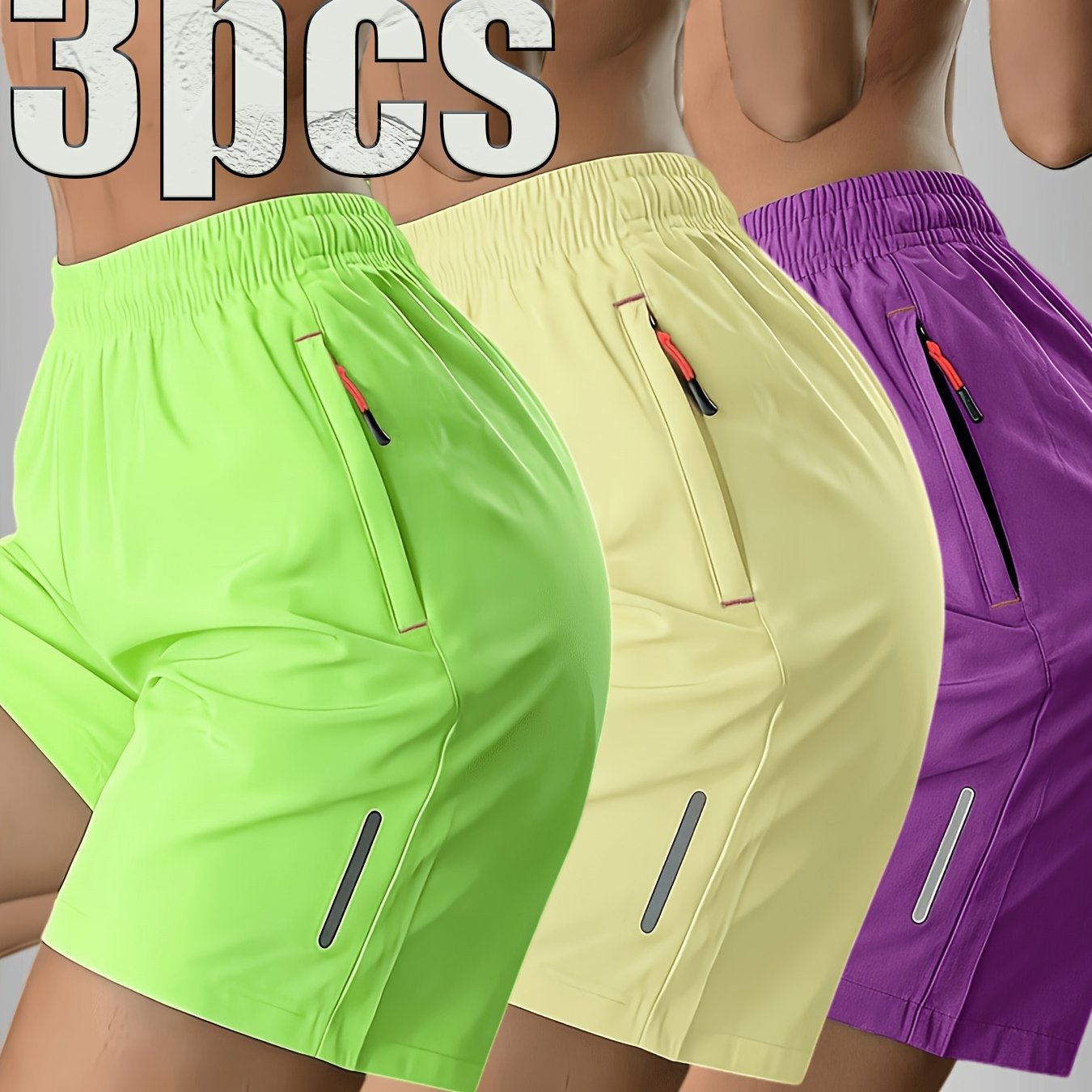 TEMU 3pcs Set Of Women's Shorts, Side Print Design, Elastic Waist With Drawstring And Zipper Pockets, Summer Wear