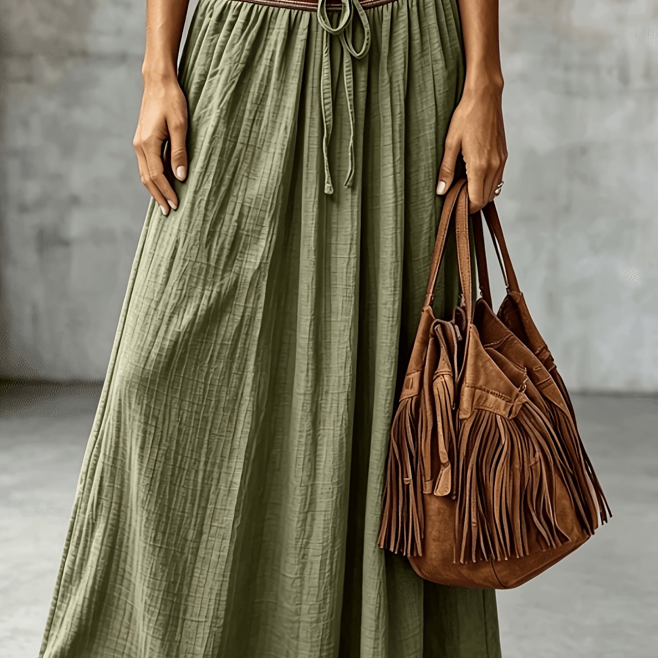 TEMU Bohemian Embroidered Waist Tie-string Wide Leg Maxi Skirt Women's Retro Textured Midi Dress Ethnic Style Vacation Loose Flared Dress