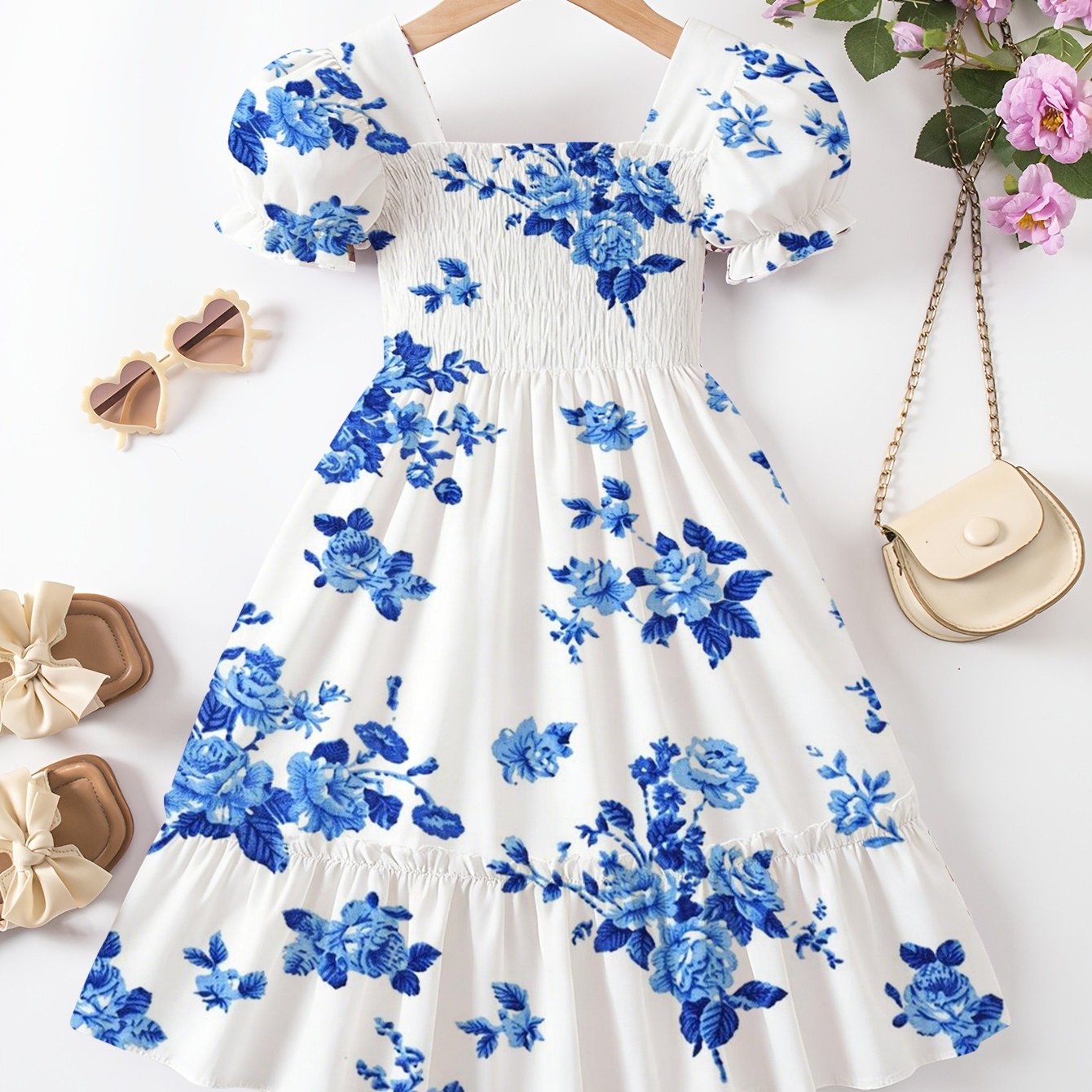 Full Print Girls' Summer Short Sleeved Pleated Dress, Floral Print, Dress, Ruffle , Chest Pleated, Elastic Cuffs Tight, Perfect For Little Girls' Summer , Vacations, And Leisure Beach Time