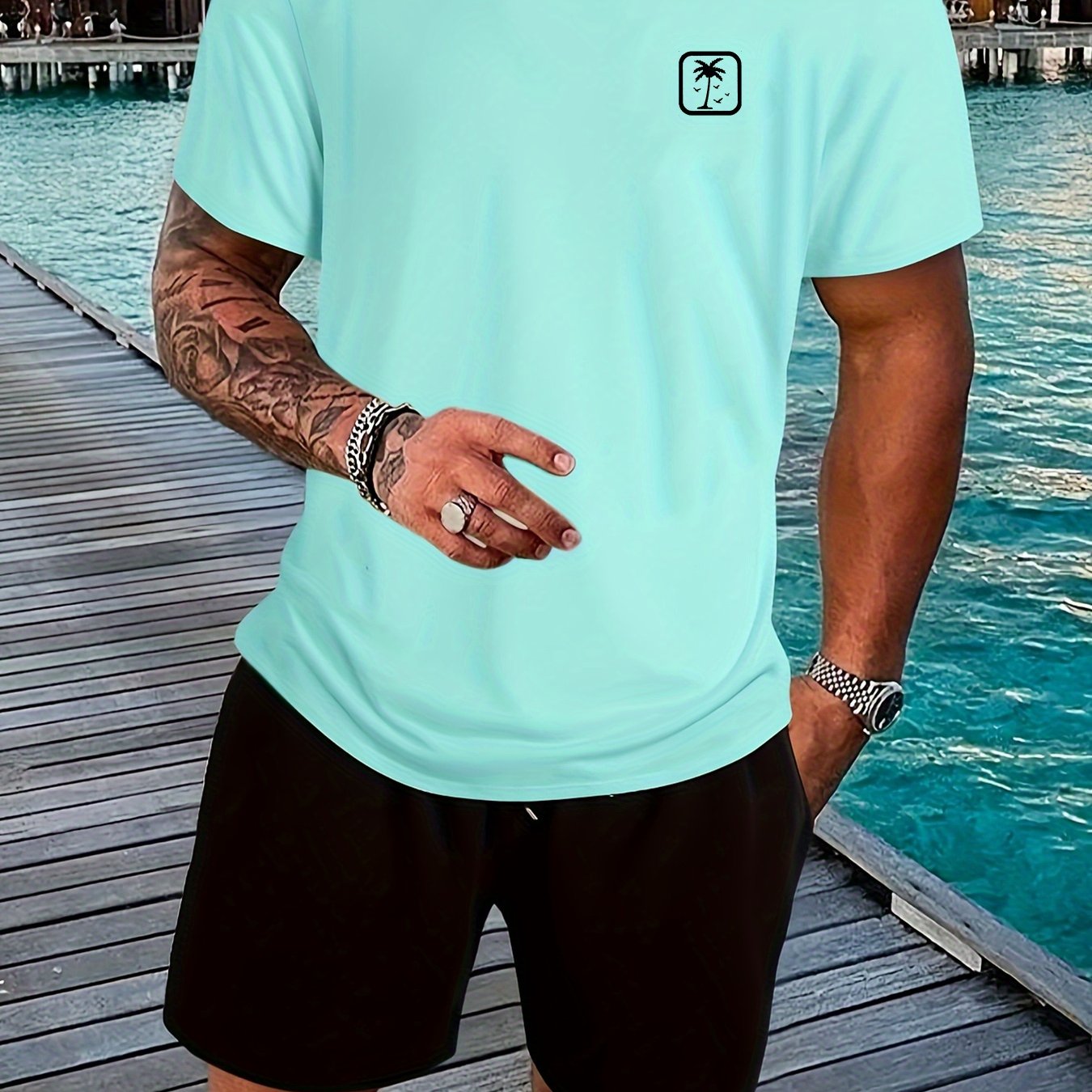 T-shirt Top Short Sleeve 180g 100% "coconut Tree And Seagull" Print, Summer Base Factory Manufacturing Men's Man Comfortable High Quality Casual Sports Luxury