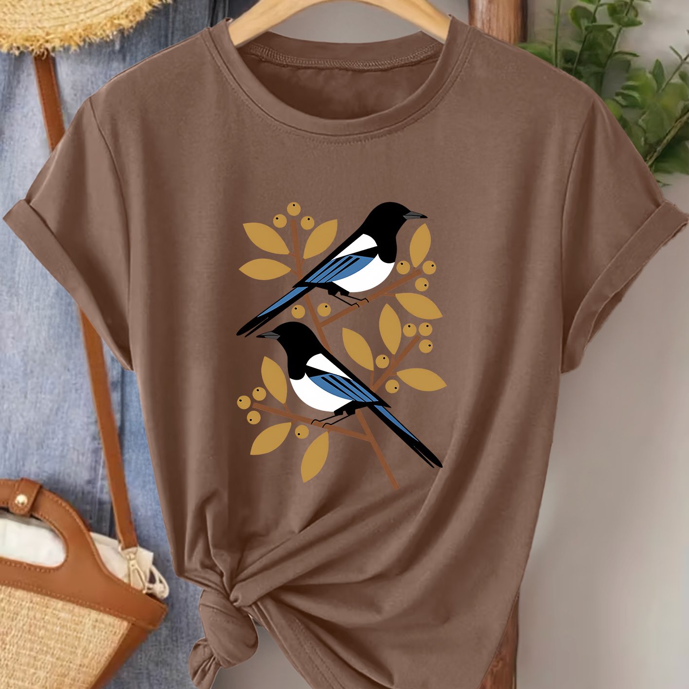 TEMU Women's Summer Clothing, Branch Magpie Easy Chinese Style Printed Round Neck Short Sleeve Plus Size Women's T-shirt, Fashionable Commuting