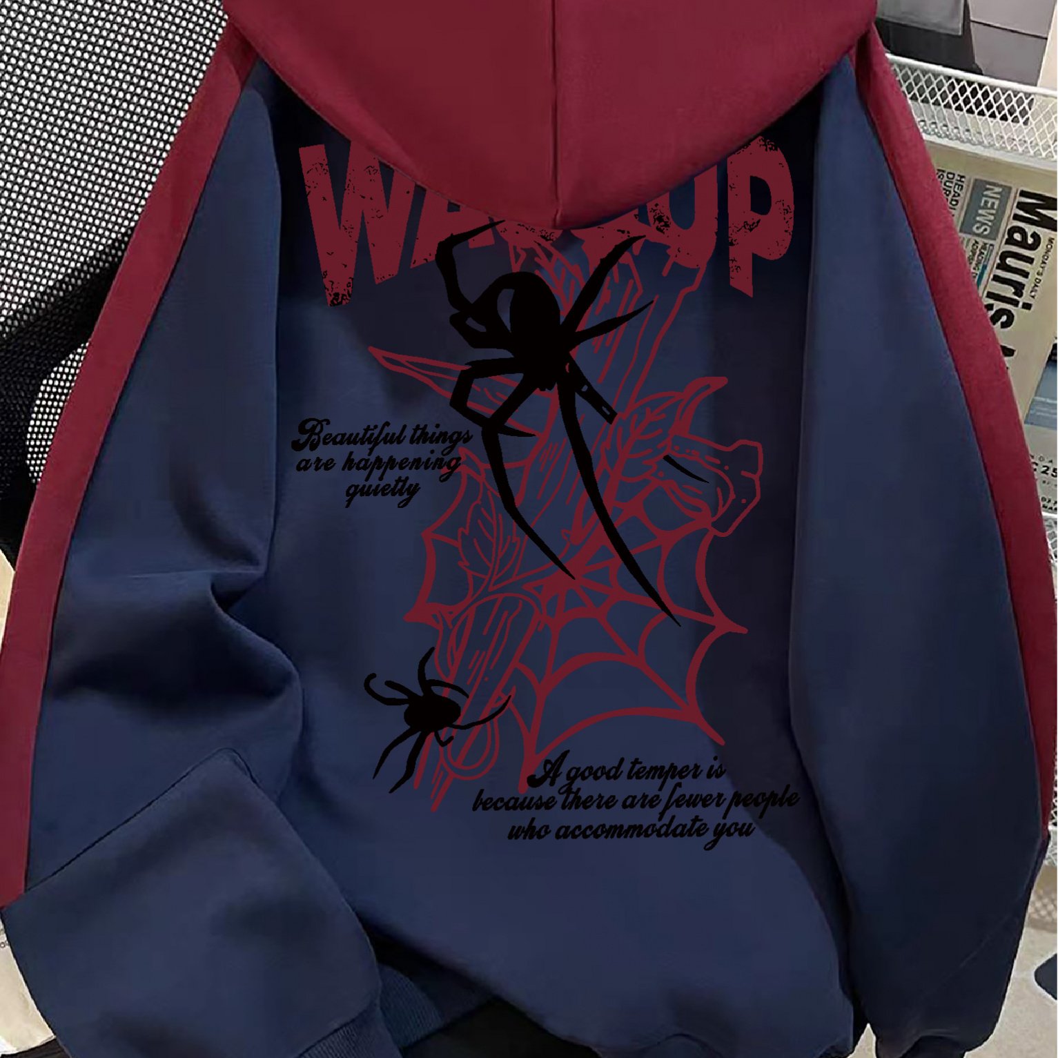 TEMU Style Fun Black Spider Web Letter Print Long Sleeve -lined Women's Hoodie With Contrast , Casual Loose Bf Lazy Style Couple Fashion Sweatshirt