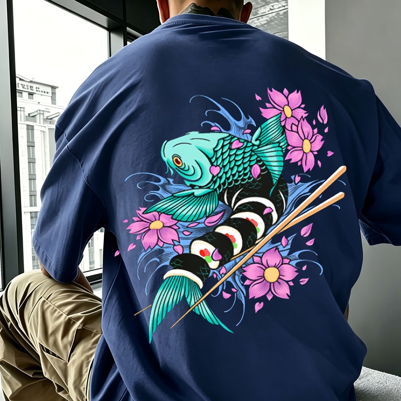 Image of Men's Summer T-shirt Japanese Koi Fish For Lotus Sushi Print Streetwear Oversized Casual