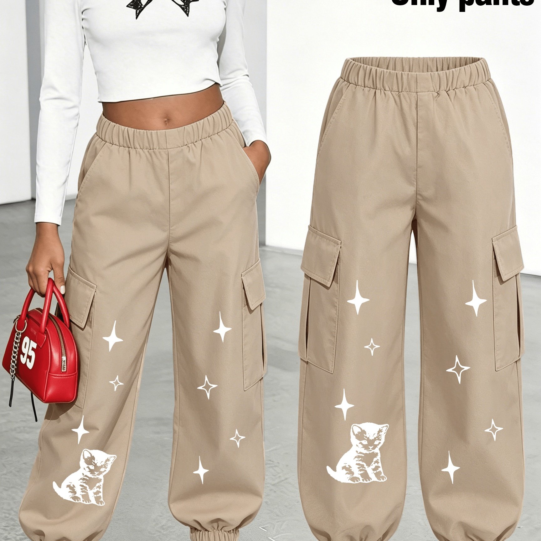 TEMU New Arrival Women's Long Pants (single Piece), Printed, Multi-pocket Cargo Style, Fashionable 18-25, Machine Washable, Durable Fabric - Perfect