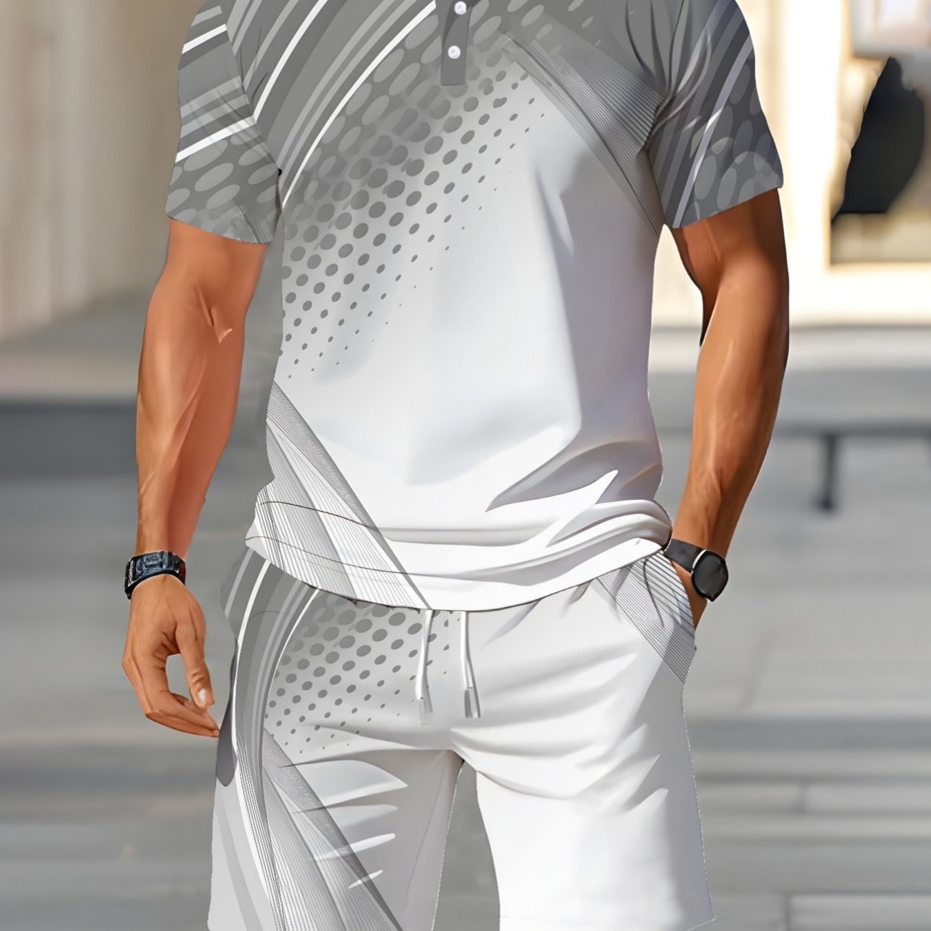 TEMU Men's New 2pcs Set: Short-sleeve Shirt   Elastic Waist Shorts With Pockets, Breathable Mesh, Suitable For Outdoor Sports, Leisure, And Golf