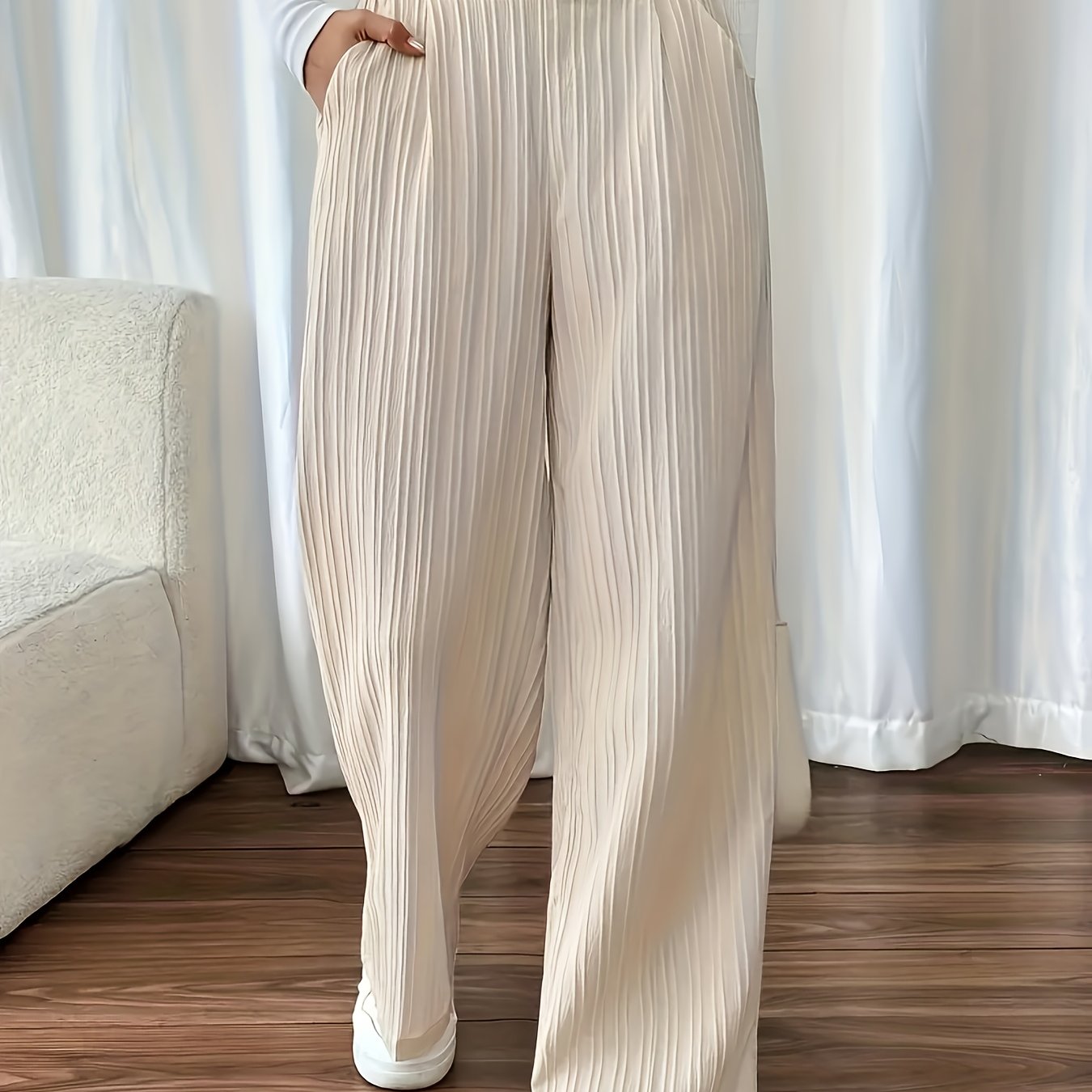 Image of Women's Elegant Wide-leg Pants With Textured Fabric - Machine Washable Trousers For Casual & Formal Wear
