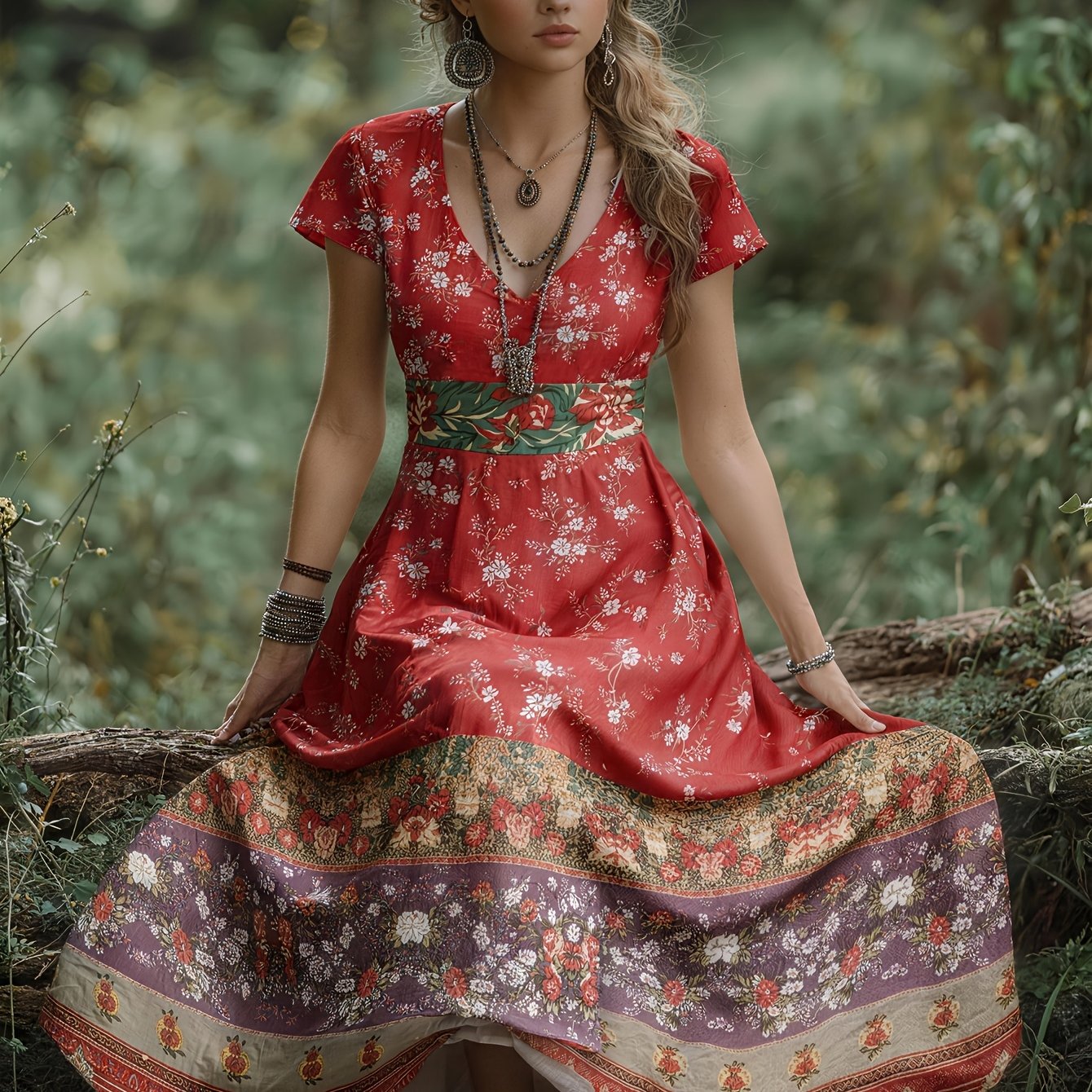 Women's V-neck Dress With A Retro Floral Pattern In Bohemian Style