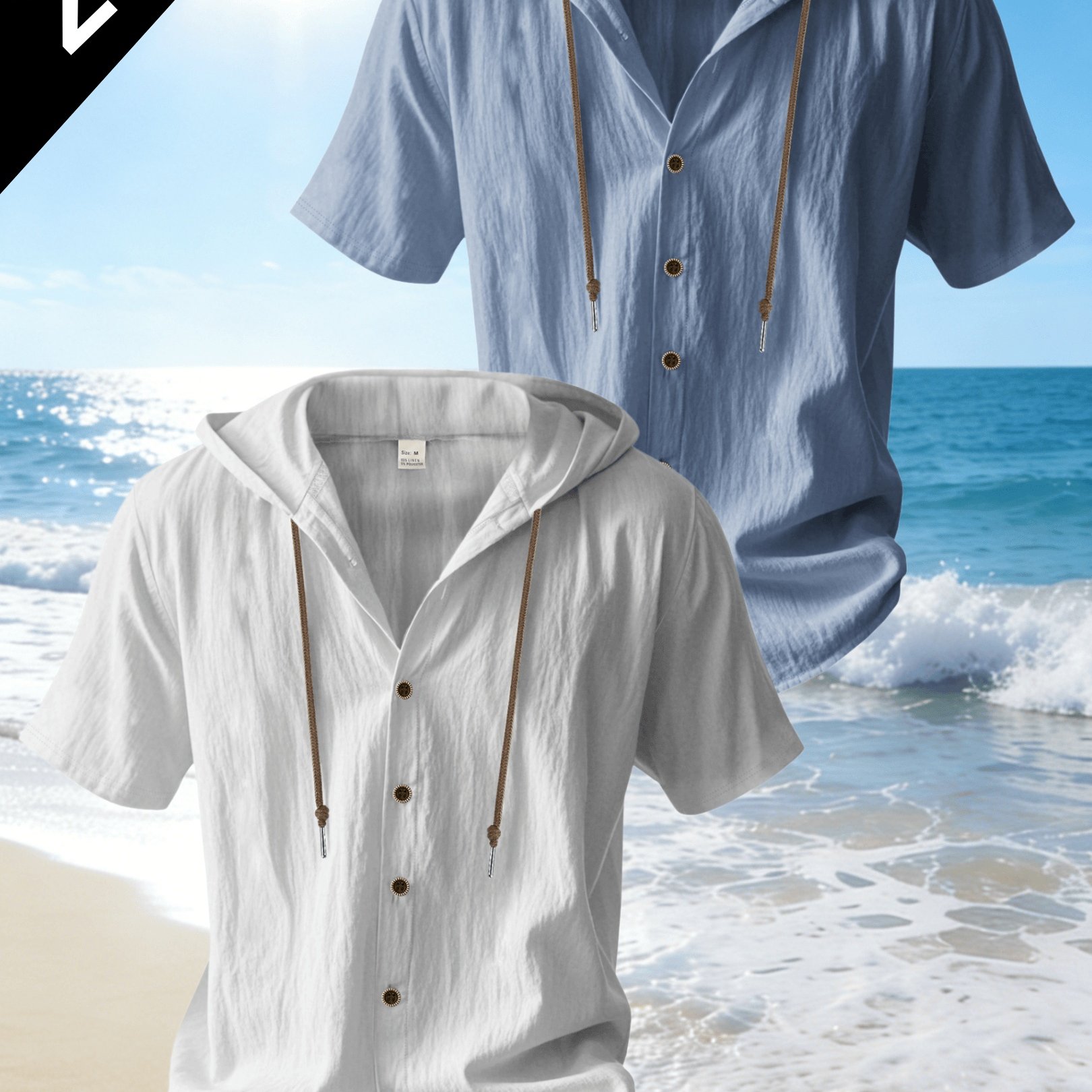 TEMU 2-pc Men's Summer Short-sleeve Shirts - Breathable And Comfortable Linen Fabric, Stylish Hooded Design - For Seaside Vacations, , Etc.