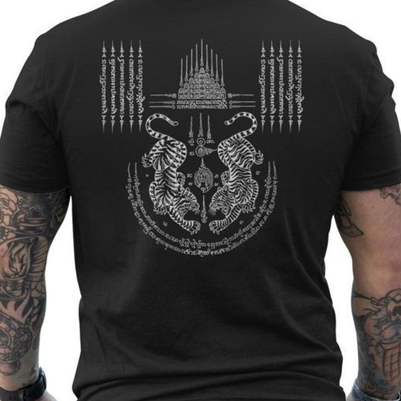 Men's T-shirt Featuring Thai Tattoo Design With Twin Tigers On The Back - Made From - Soft And Breathable Material - Short-sleeved Style