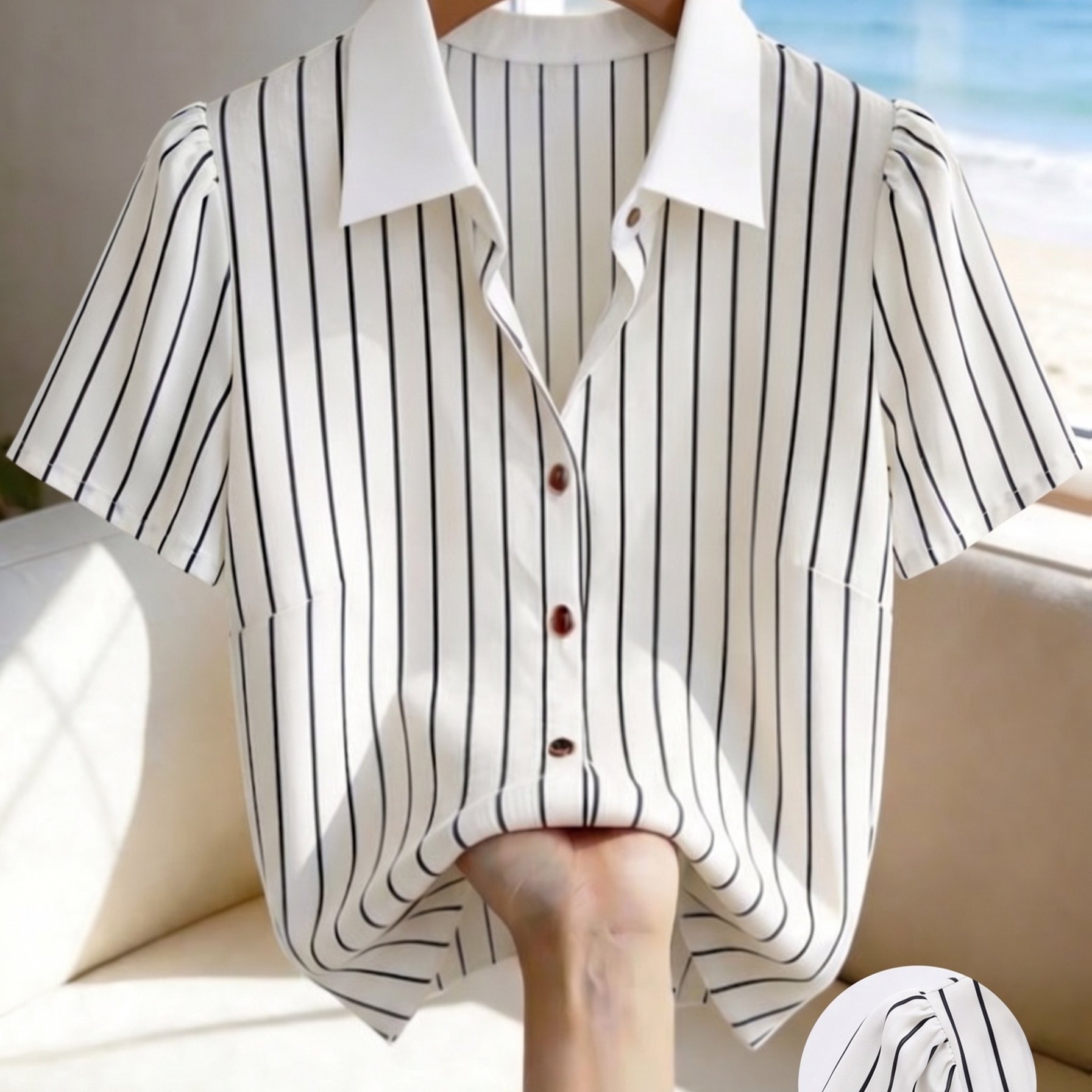 TEMU 여성용 여름 수직 라펠 메탈 버튼 캐주얼 심플 반팔 셔츠, 출퇴근, 주말 도시 외출, 경商务회의 및 기타 행사에 적합. 여름 여성 셔츠, 세일러 스타일 반팔 셔츠, 여성 상의, 셔츠, 프레피 스타일 여성 셔츠