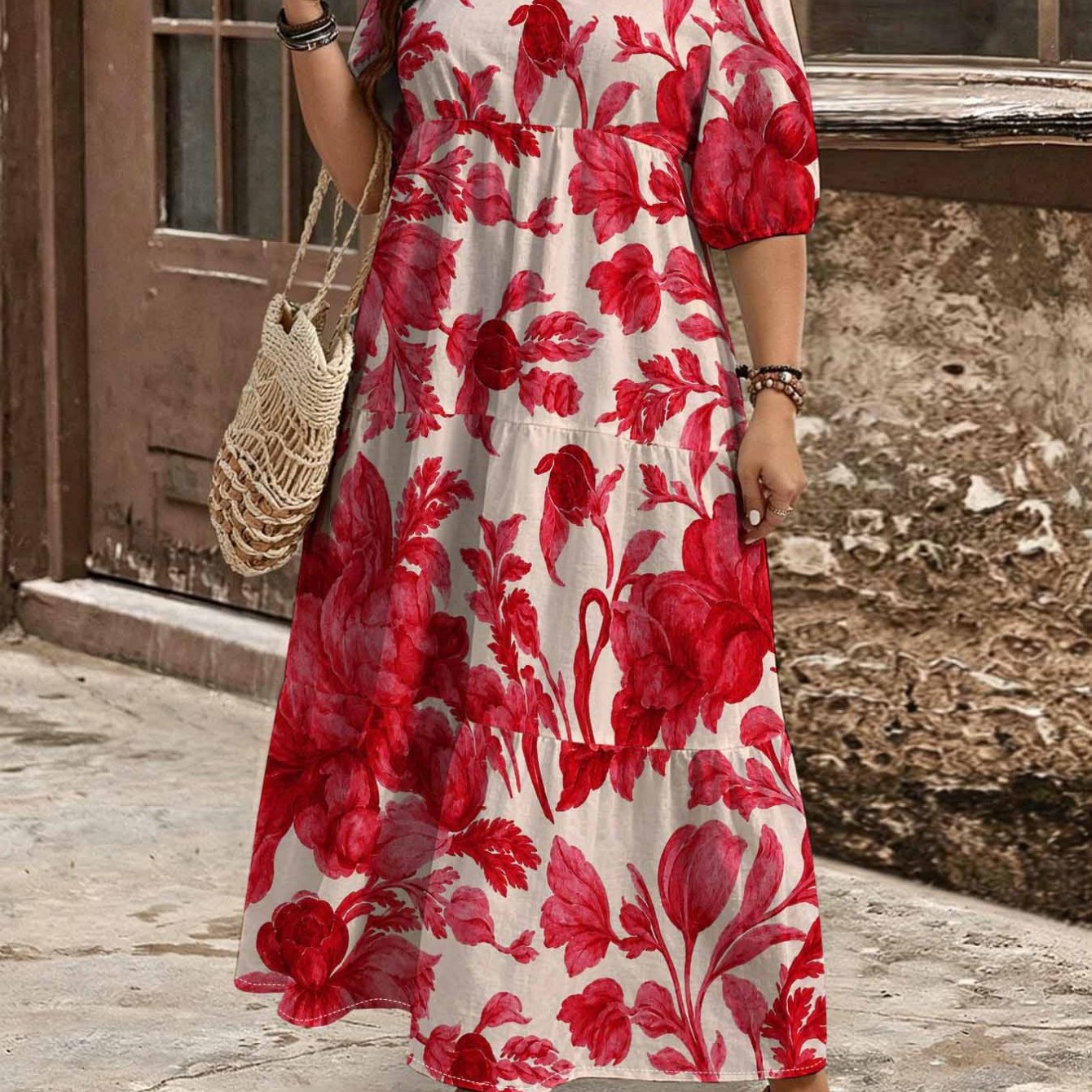 Image of Plus Size - Summer Plus Size Red Floral Printed V-neck Bubble Sleeve Maxi Dress For Women. Layered Cake . Bohemian Romantic Elegant Loose Fitting Resort Dress
