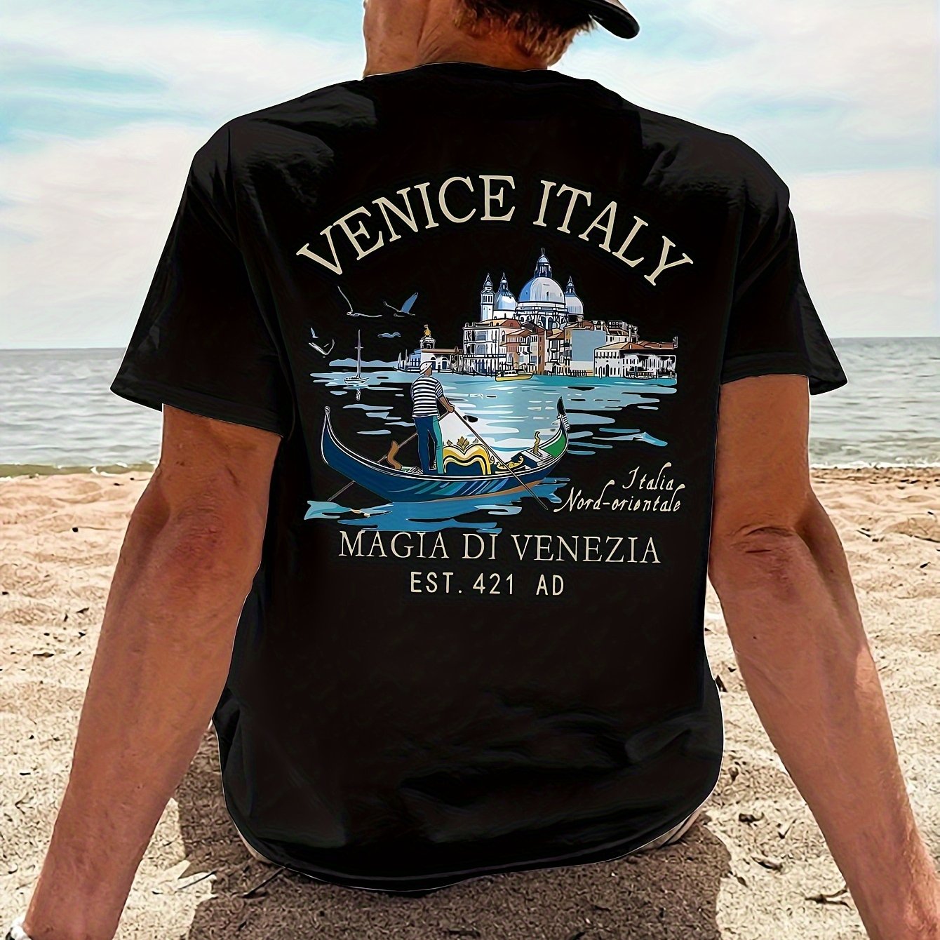 TEMU Men' Casual Short Sleeve T-shirt - 100% Polyester Regular Neck Top With Venice Italy Graphic Print ('s & Gondolas) - Breathable Summer Outdoor