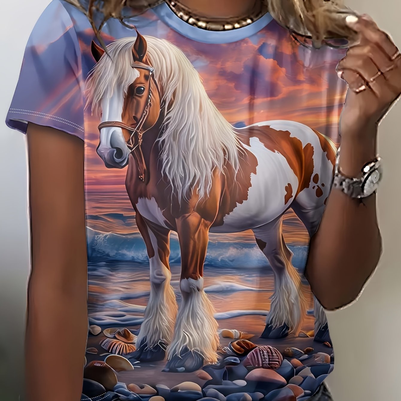 TEMU Women's Fashion Round Neck T-shirt A Piebald Horse On A Printed Short-sleeved Top - A Unique Gift
