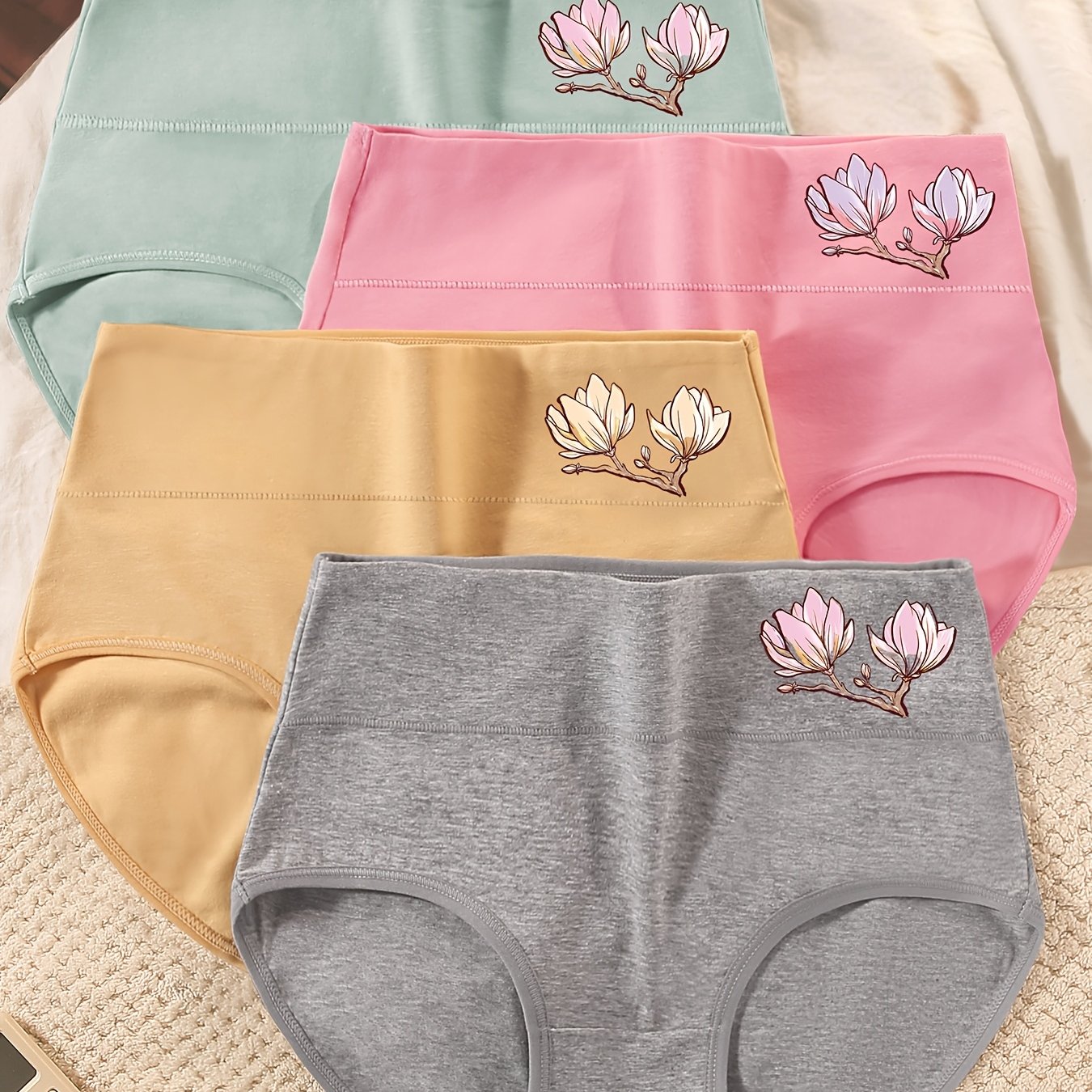 TEMU 4pcs High-waisted Women's Panties, Belly Tightening Self- High Hip Lifting Panties, Flower Print Pattern Comfortable And Breathable Panties,