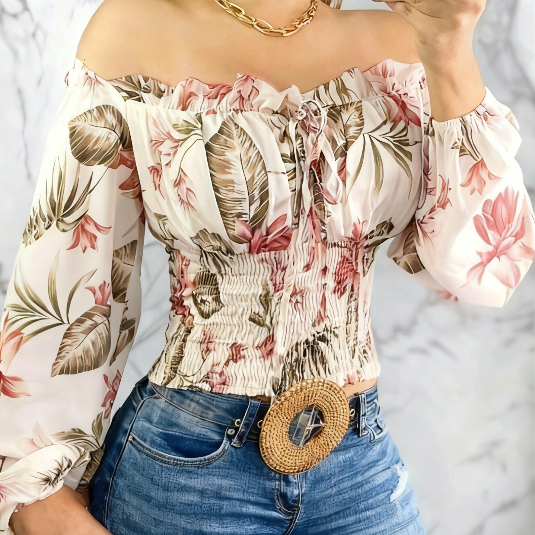 TEMU Women's Elegant Floral Printed Off-the-shoulder Long Sleeve Top, Waist Cinched For Effect For Fall