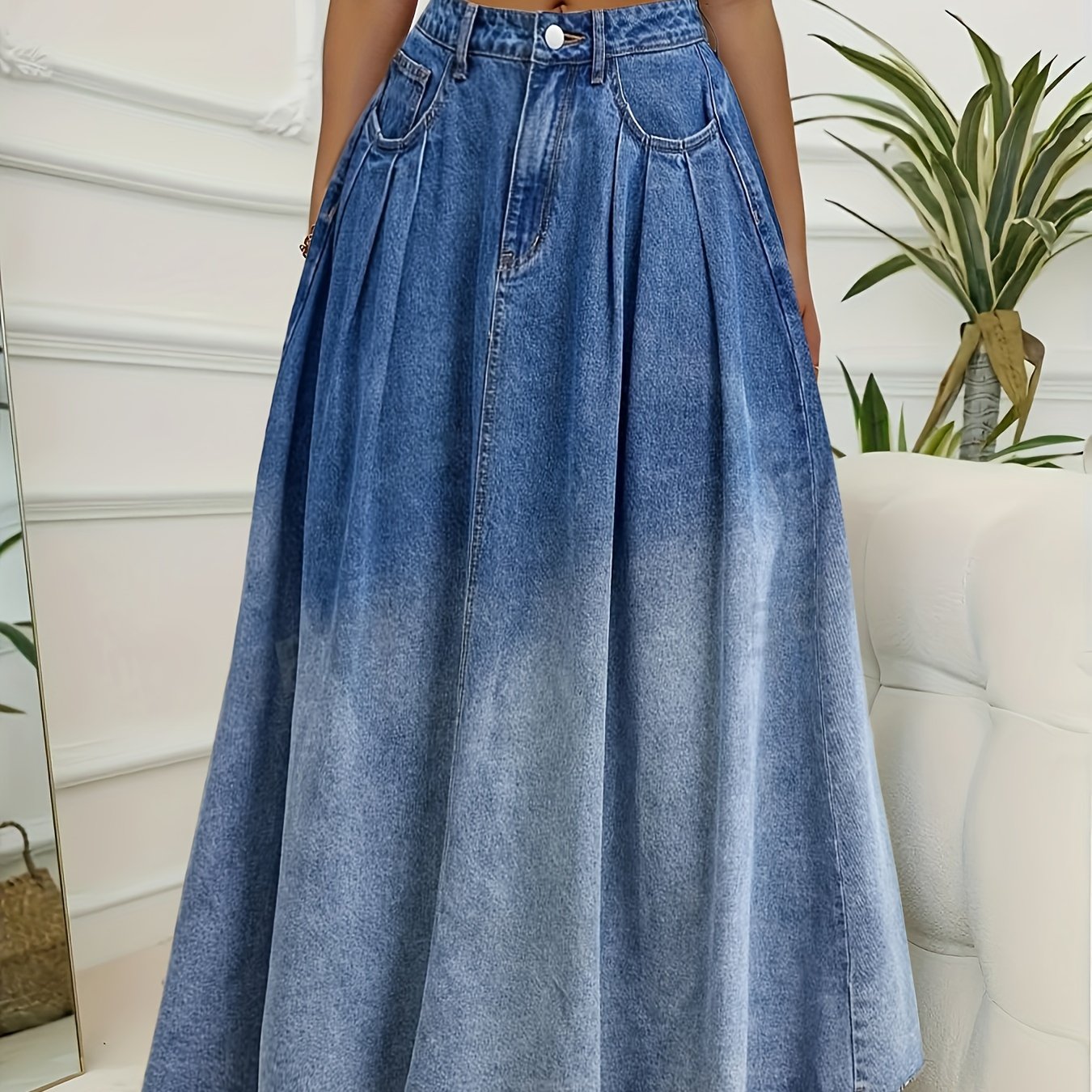 TEMU Plus Size Ombre Washed Pleated Style   Hem Skirt, Women's Jeans & Clothing