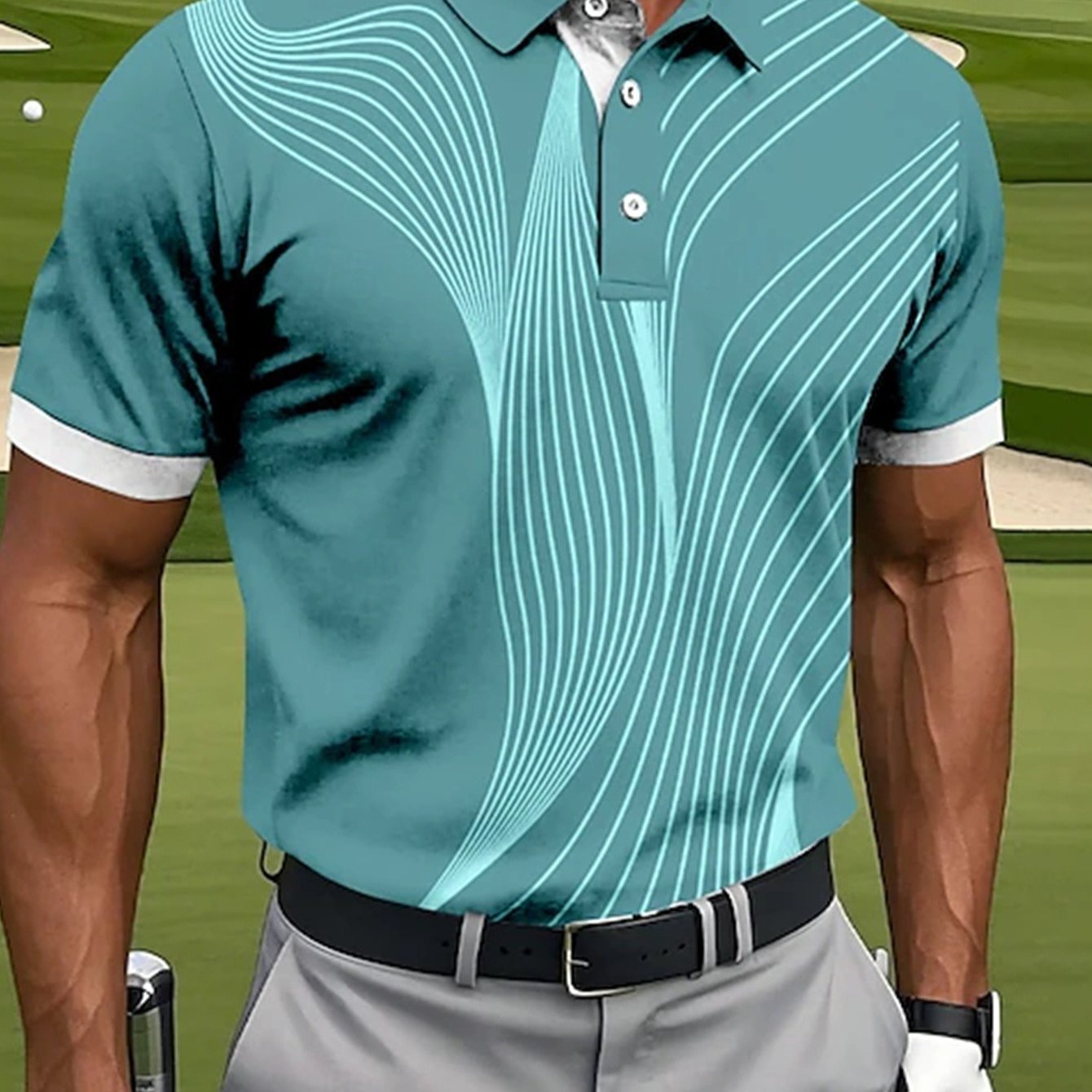 TEMU [print Design - No Texture] Men's Golf Short-sleeve Shirt With Blue Gradient Ripple Print, Collared Three-button Style With Contrasting White