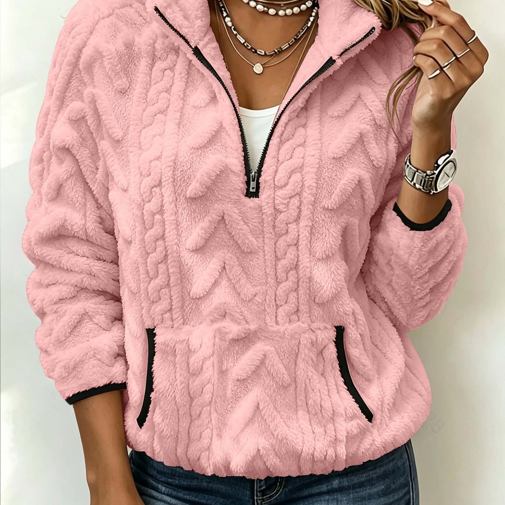 TEMU Women's Fashion Casual Half-open Neck Fuzzy Warm Sweatshirt, Autumn Winter