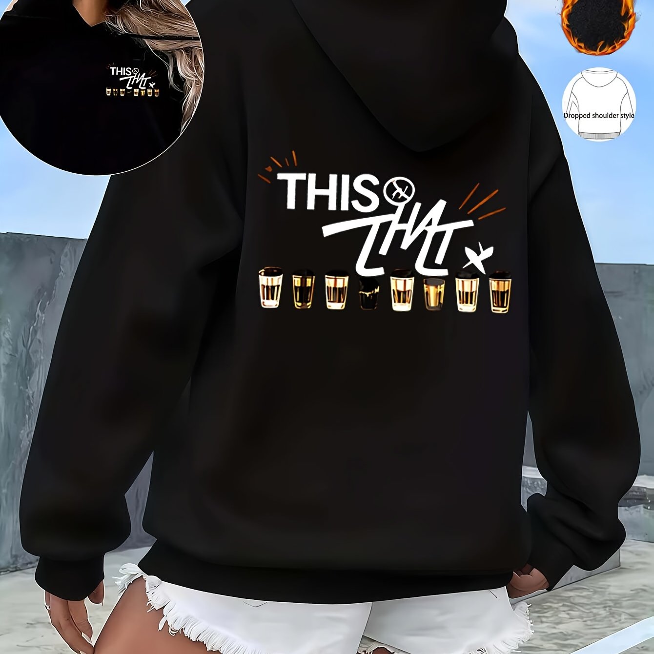 TEMU Drop-shoulder Sweatshirt Loose Fit Thick And Warm Everyday Casual Wear Shot Glasses Graphic Print Autumn Winter Women's Hoodie With Pockets Mb01