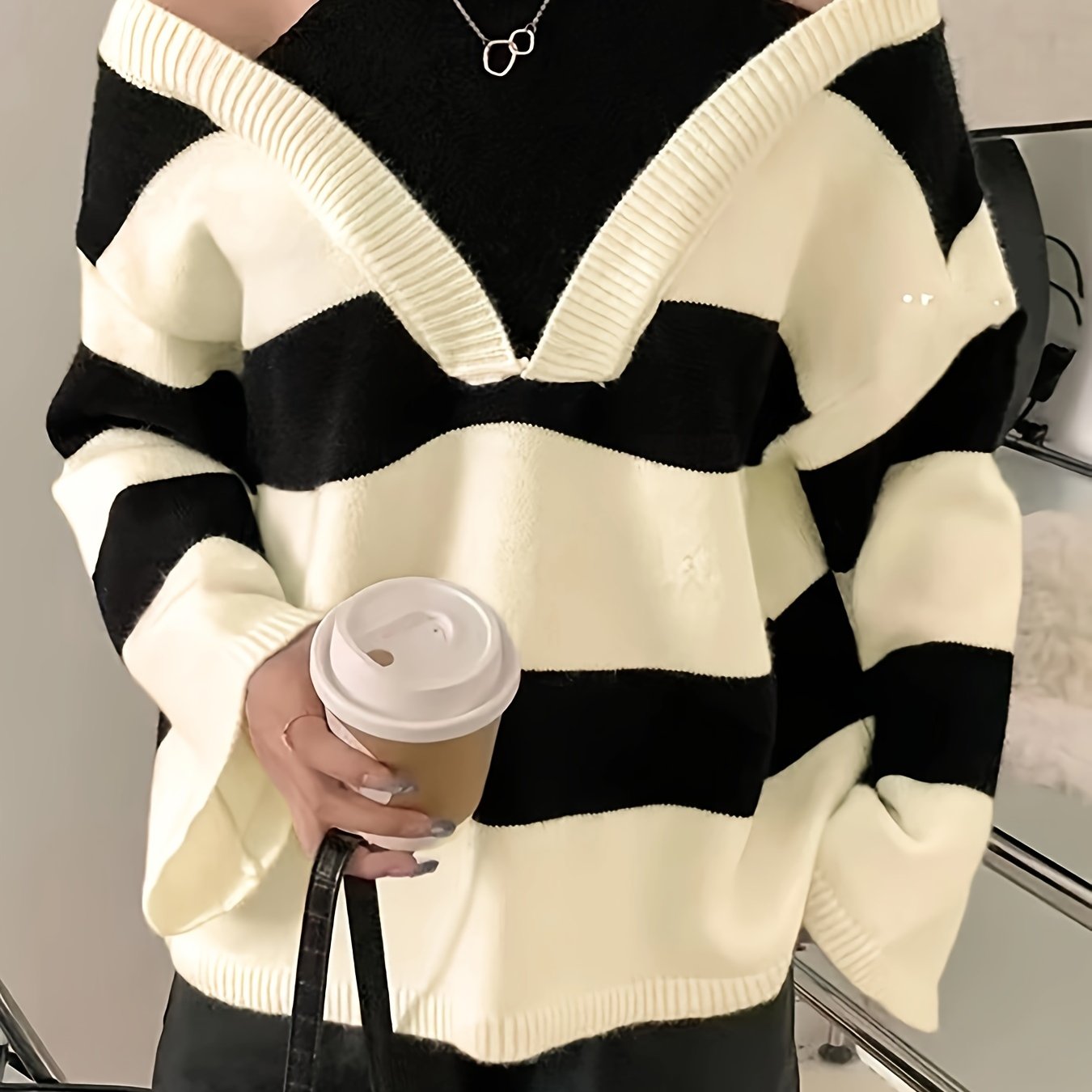 Fake Two-piece Halter Neck Off-shoulder Striped Sweater Women's Spring And Autumn Fashionable Age-reducing Pullover Top