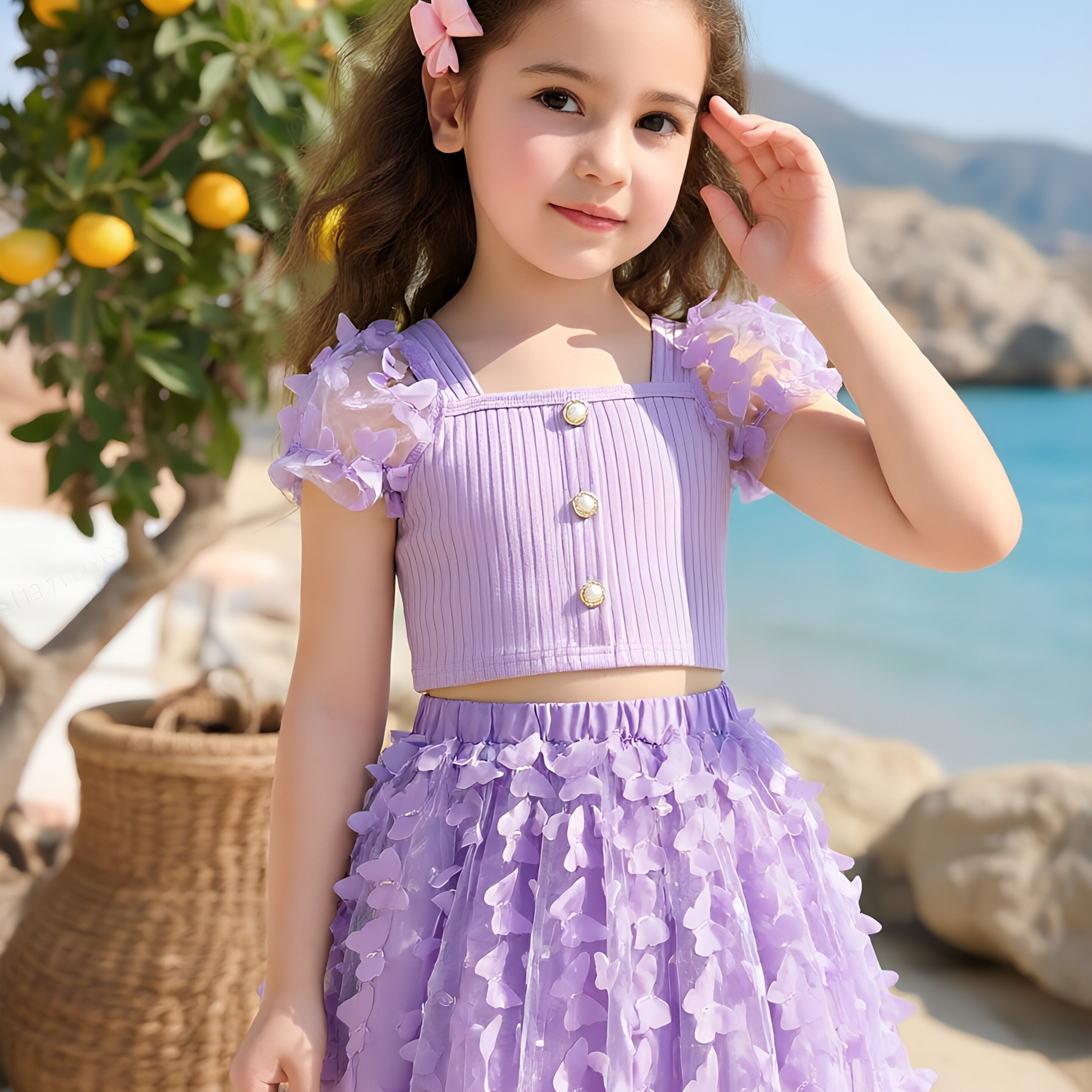 Summer Square Neck Puff Sleeve Mesh Skirt Set 3d Mesh Soft Summer Dress Set 4-7 Years Old Two-piece Set, Solid Color Top And Mesh Skirt Set Sweet Purple Single Button Retro Cute Top Dress