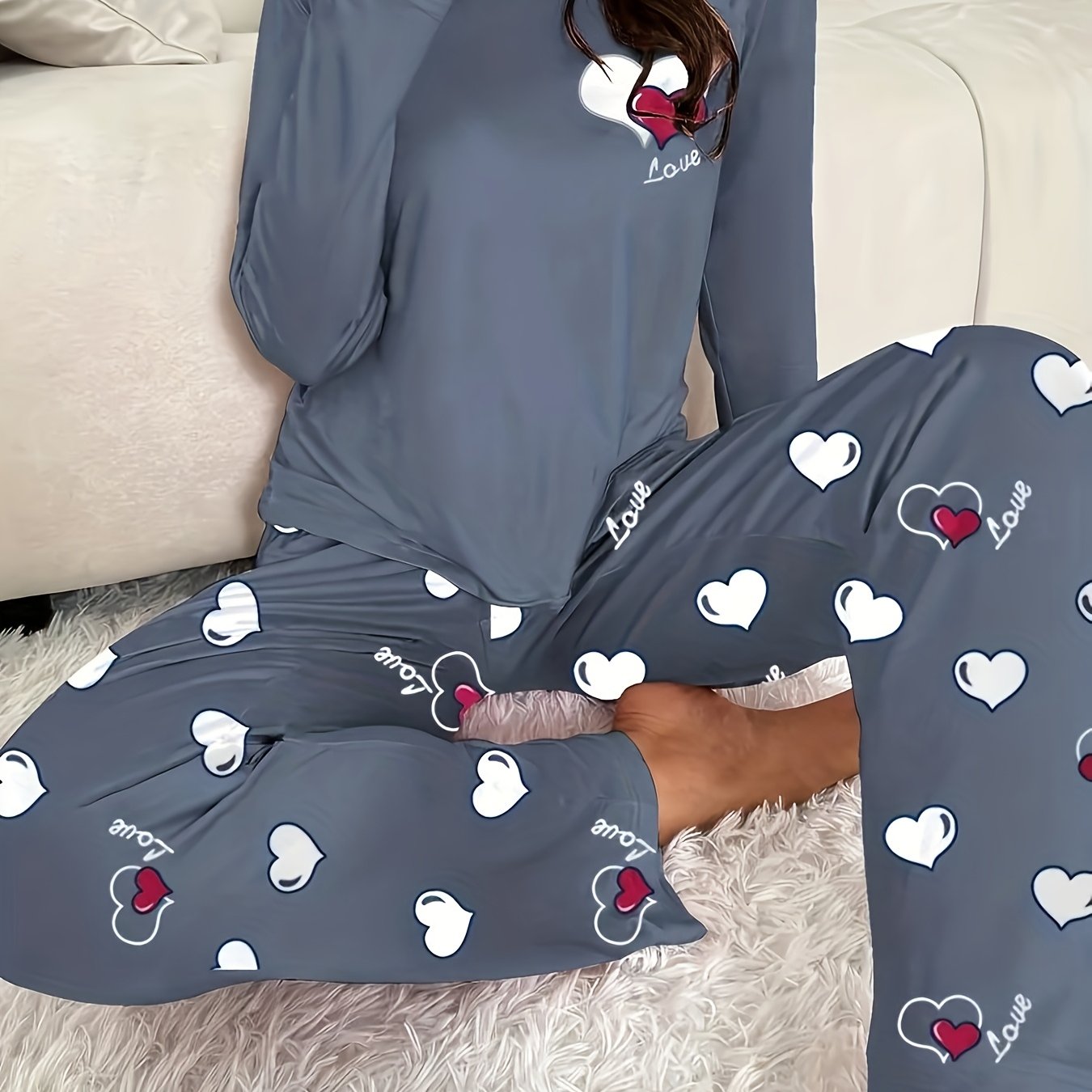 Cozy Women's Lounge Long-sleeve Sleepwear Ensemble - , Round Neckline, Flexible Material (95%, 5% Elastane), Suitable For