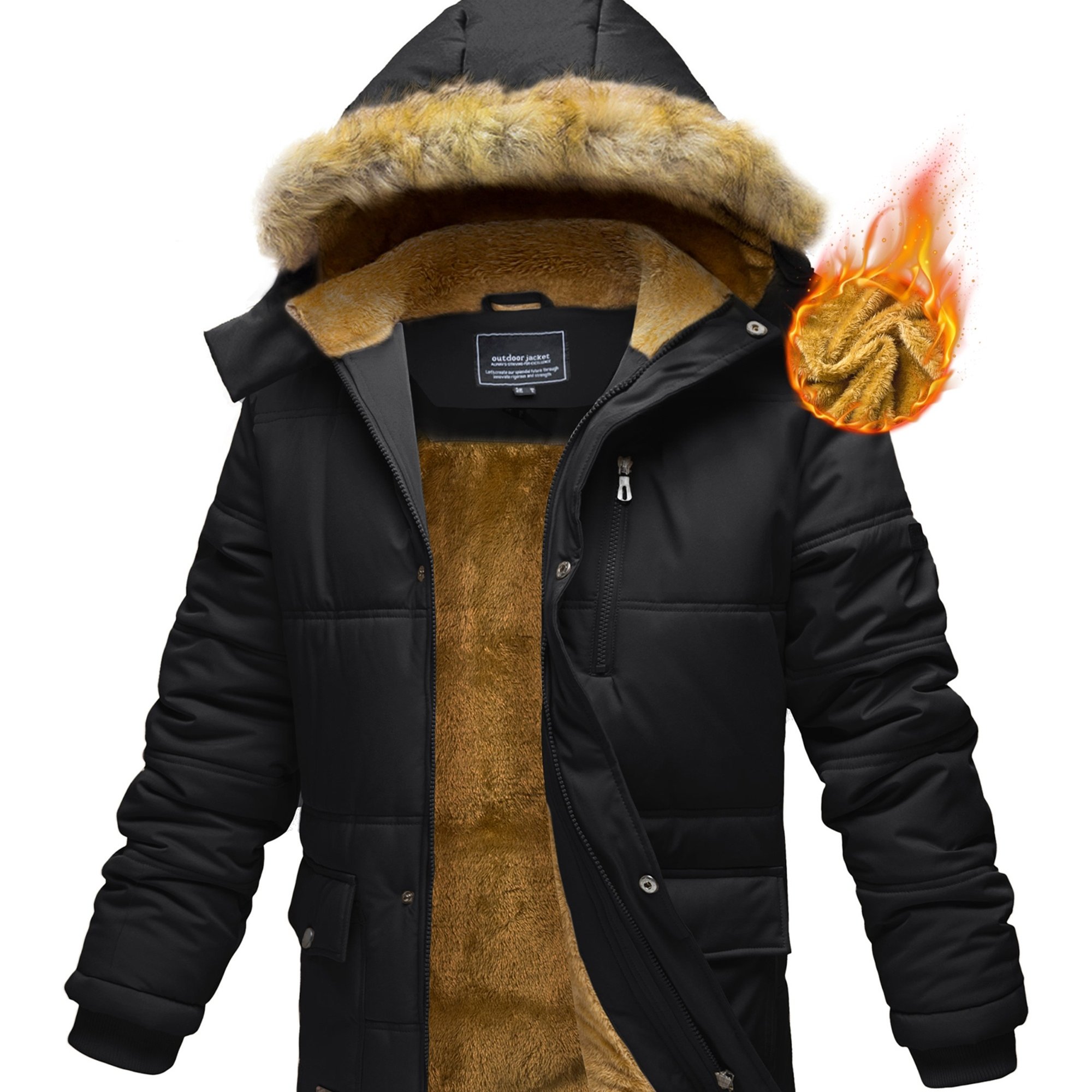 Image of Men's Winter Hooded Jacket Fleece-lined Full-zip Windproof Coat With Detachable Hood & Multi-, Warm Outdoor Suitable For Hiking, Camping, Cycling, Work, Machine Washable (regular Fit)