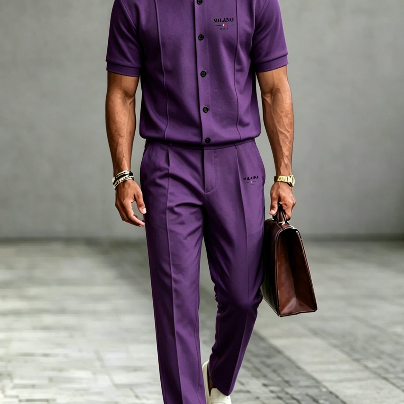2pcs Set: Men's Business-casual Printed Button-up Jacket (short Sleeve) With Matching Trousers - Multiple Colors , Plus Size