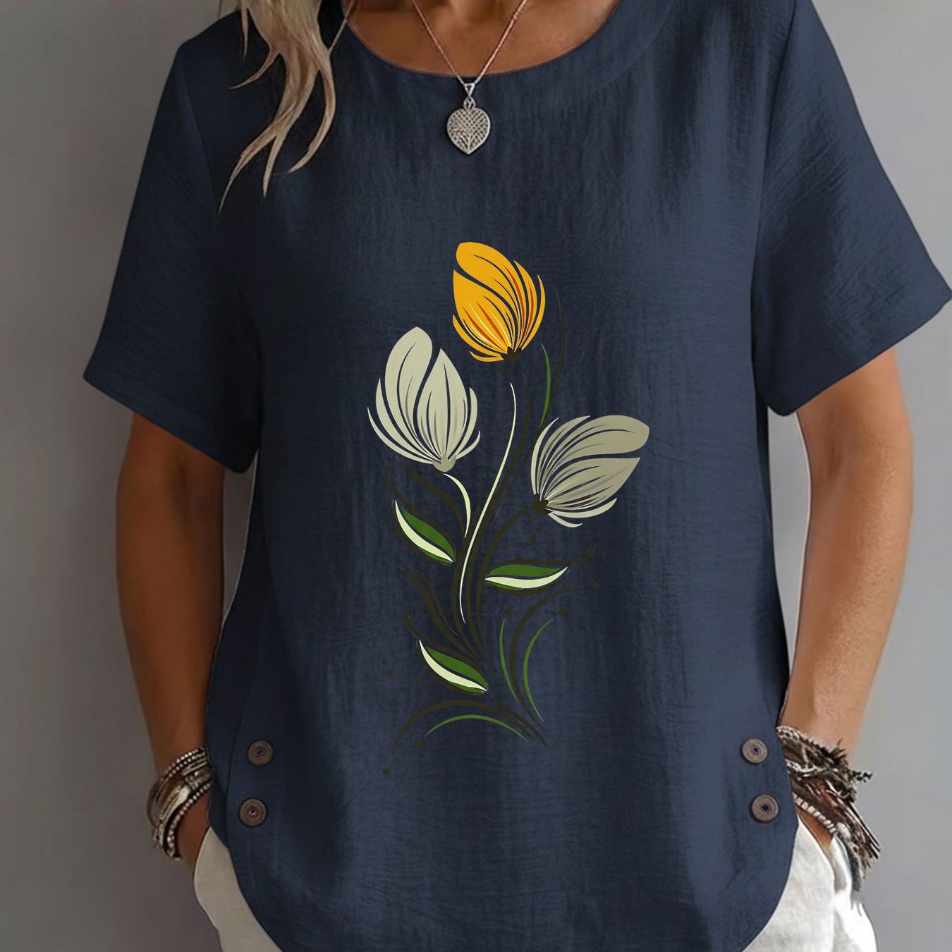 TEMU Spring Summer Women's Top, Easy Style Floral Line Ink Dot Print Elegant Mature Casual Round Neck Short Sleeve Women's Clothing
