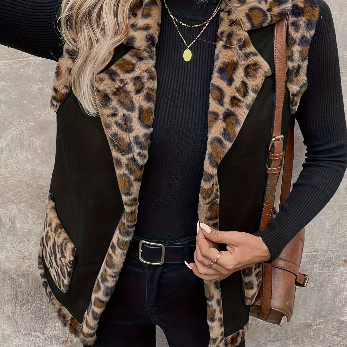 Women's Fall Winter Leopard Print Contrast Collar Vest Warm, Sleeveless Jacket With Pockets