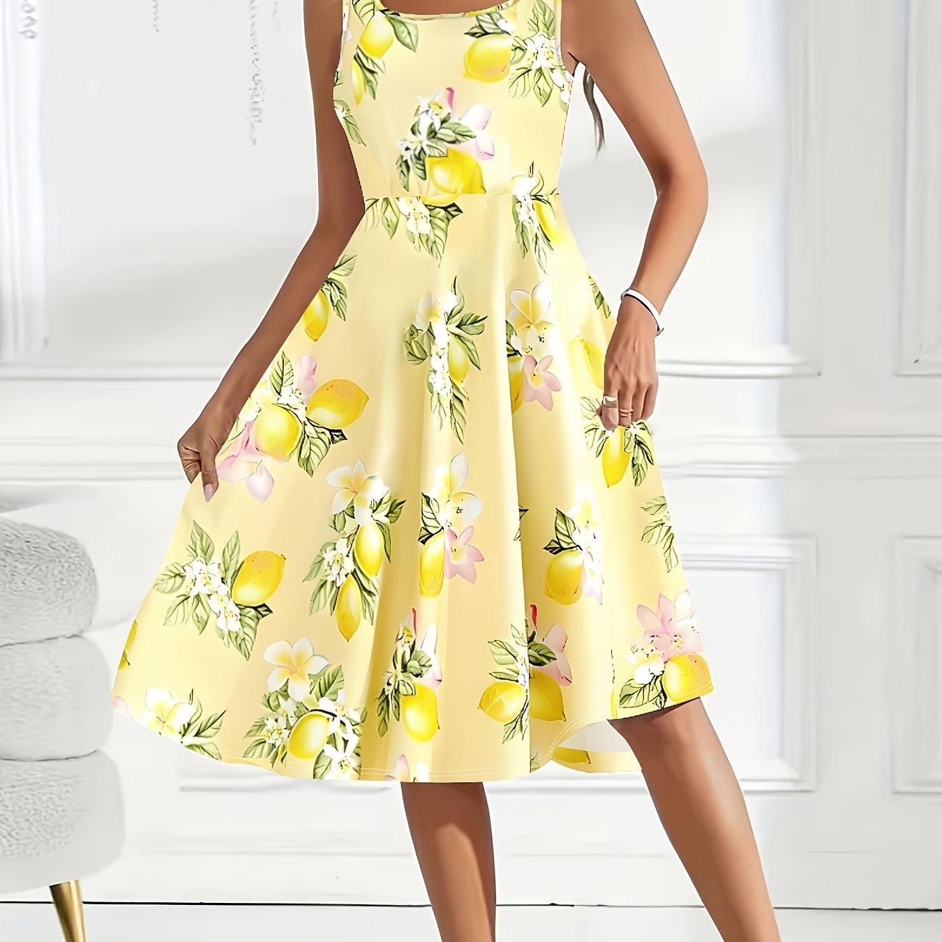 Women's Lemon And Refreshing Elegant Elastic Waist Vest Dress With Flared Hem