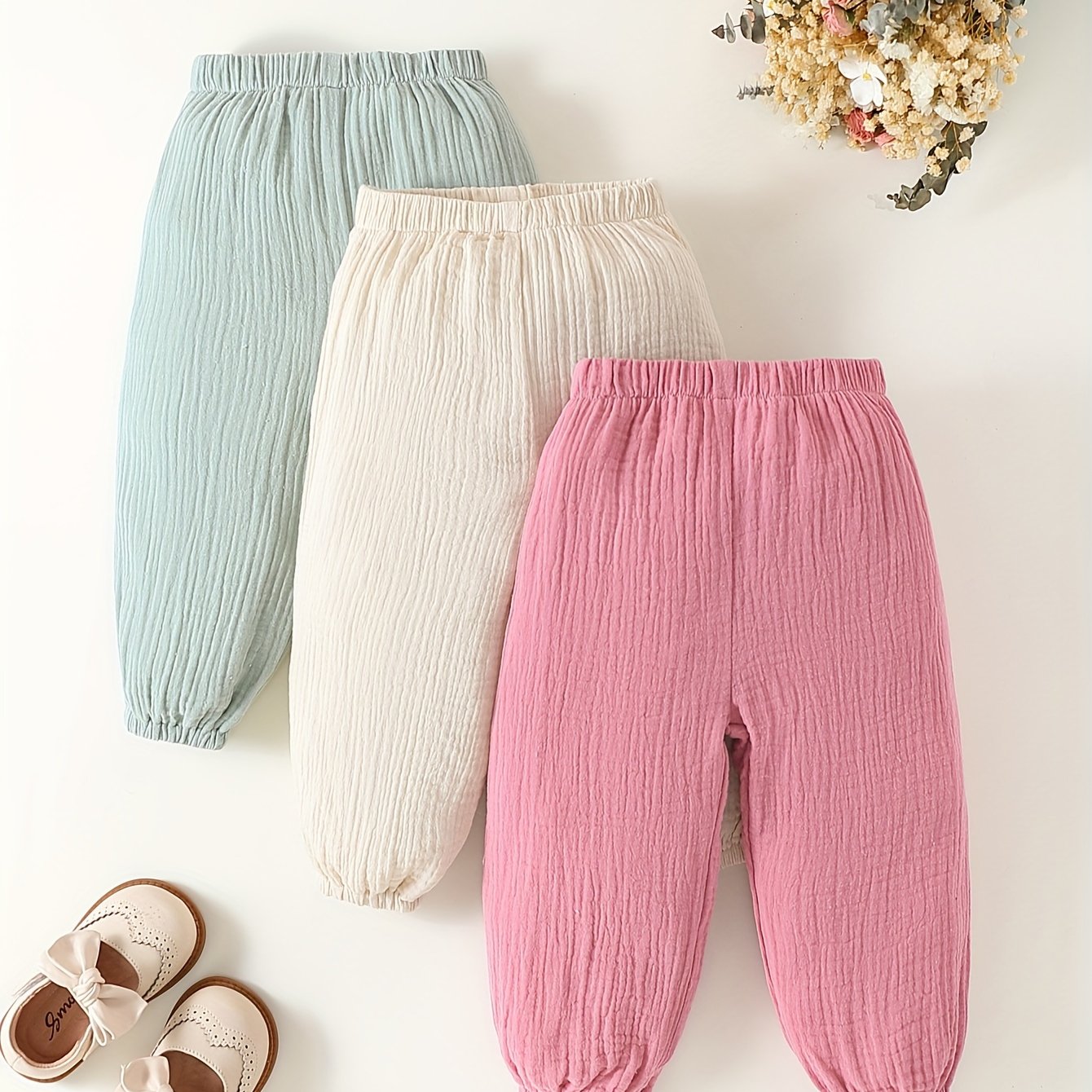 3pcs Baby Girls Casual Crepe Pants Baby Girls Solid Color Sweatpants Set, For Outdoor