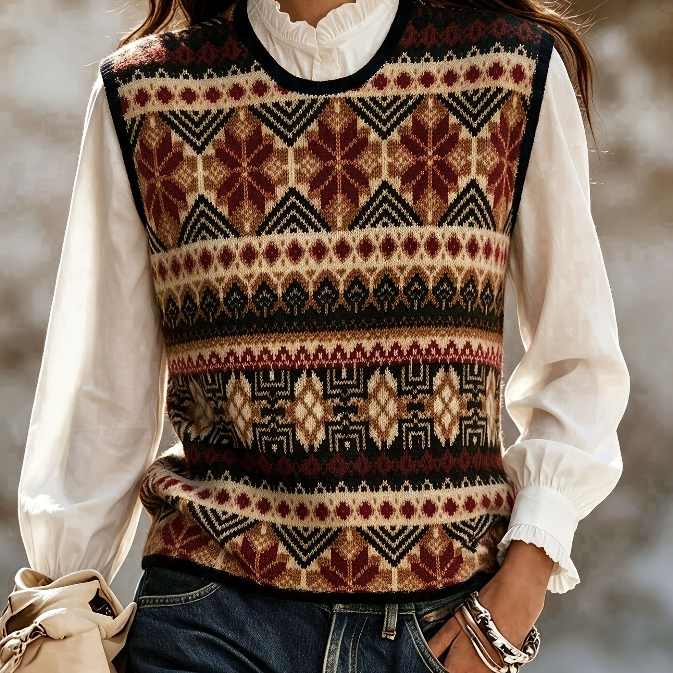 TEMU 2d Flat Pattern Fashion New Pullover Round Neck Vest Women's Top Flat Trendy Women's Clothing Fair Isle Women's Vest