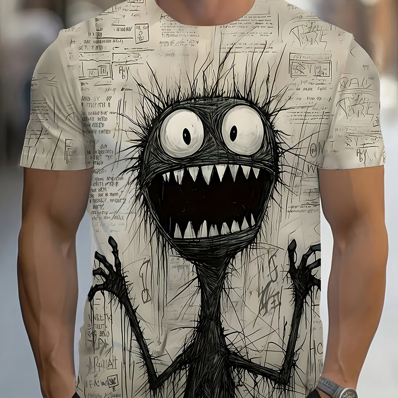 TEMU Men's Print T-shirt - Cartoon Black And Design With Chinese Comic-style Text, Short Sleeve Round Neck Casual Summer Wear, Machine Washable Heat