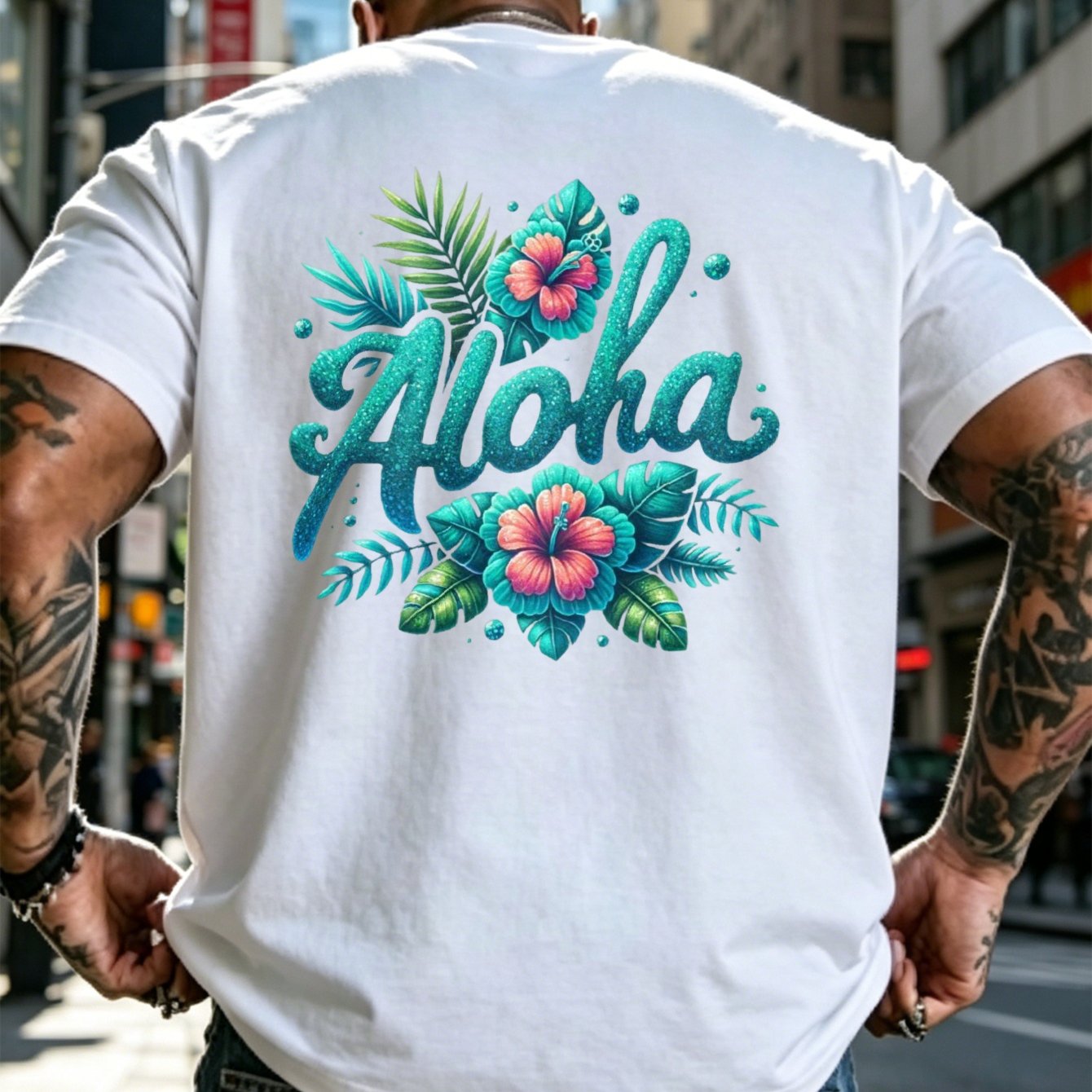 Image of Men's And T-shirt - White Top With Teal Aloha Text - Comfortable Breathable Shirt For Hawaii , Style - Washable Daily Summer Top, Hawa T-shirt, Plus Size